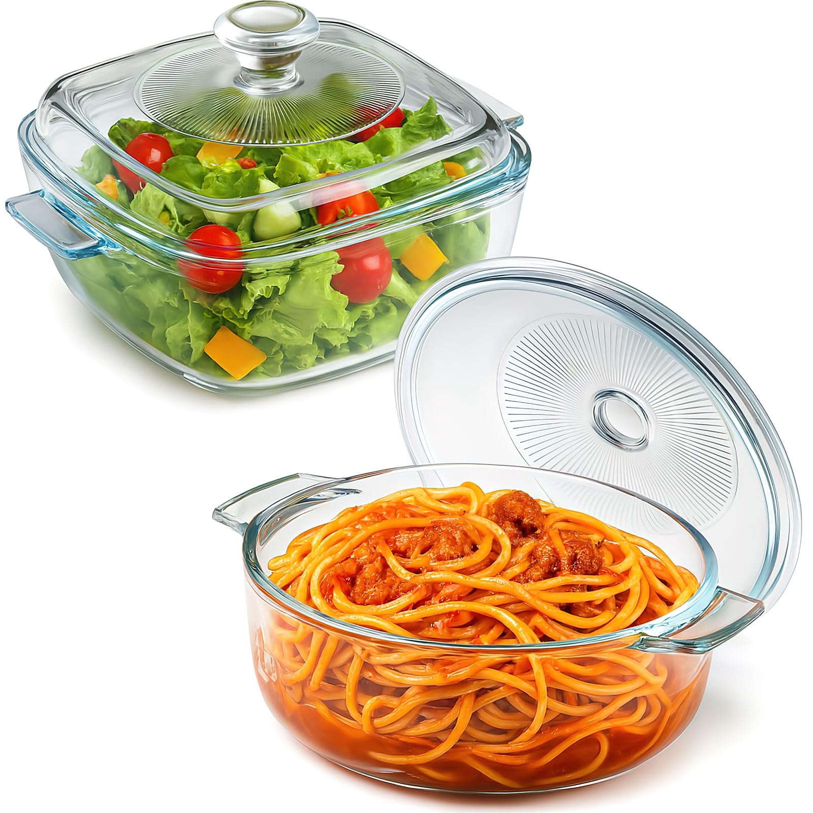 2 Pack Glass Casserole Dishes for Oven with Lids, 0.9 Qt Square & Round Set