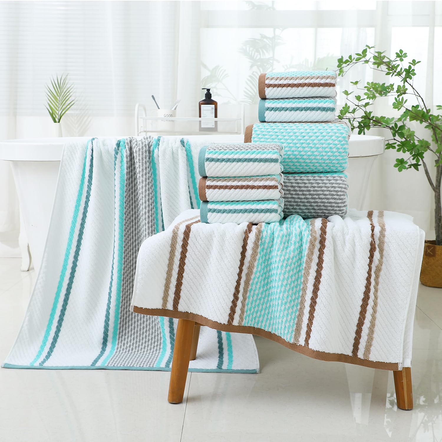 Pidada Bath Hand Towel Set Of 3 Striped Pattern 100% Cotton Soft Absorbent Decorative Towels For Bathroom (Green)