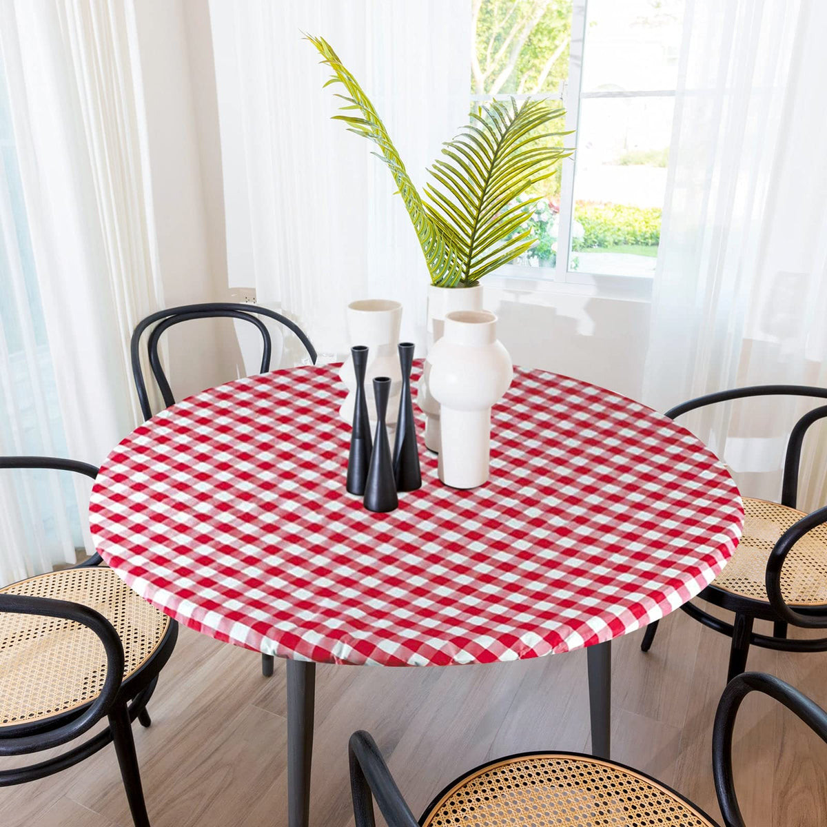 Sorfey Tablecloth -Fitted With Elastic, Vinyl With Flannel Back, Fits For Table 48 Inches Round,Water Proof, Easy To Clean, Chec