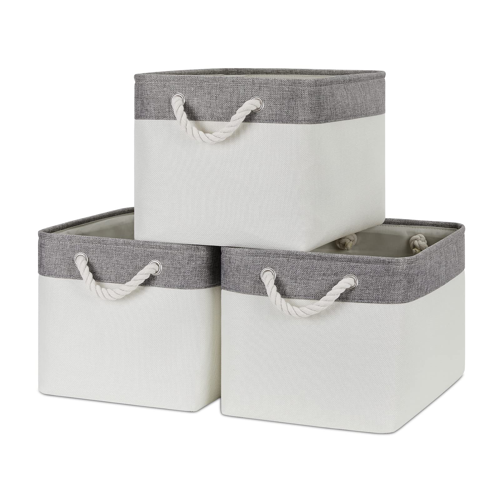 Bidtakay White Baskets With Cotton Rope Handles Decorative Storage Bins [3-Pack] Fabric Bins For Organization Linen Closet Shelf