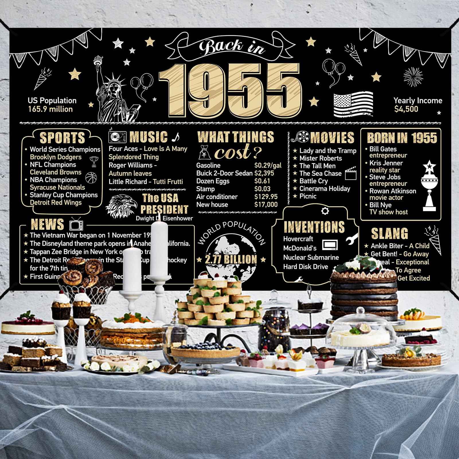 Eiurteao 70th Birthday Banner Decorations Back in 1955 Backdrop for Women Men, Black Gold Happy 70 Birthday Sign Party Supplies,