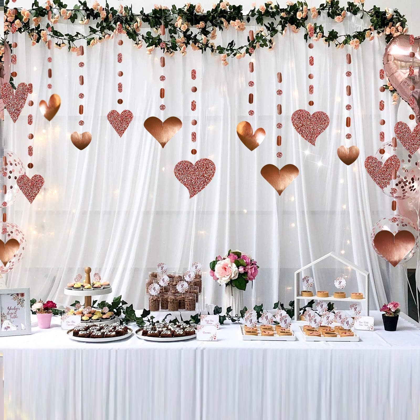 Cheerland 16 Pcs Glitter Rose Gold Heart Garland Decorations Hanging Garlands Streamer Banner Backdrop Valentines Mother's Day Wedding Anniversary Engagement Birthday Party Supplies Red Glittering