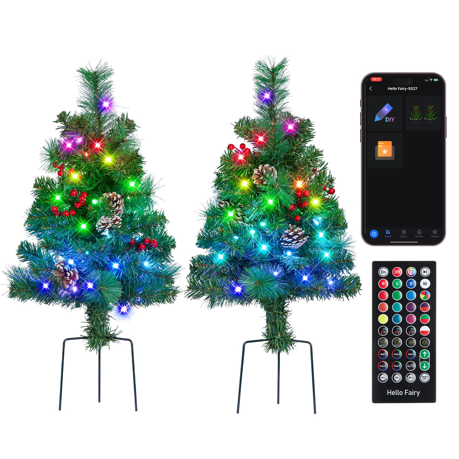 2 Pack of 28 INCH Pre-Lit Artificial Pathway Christmas Trees,Outdoor Christmas Tree for Porch,Yard,Driveway,Lighted Christmas Tr