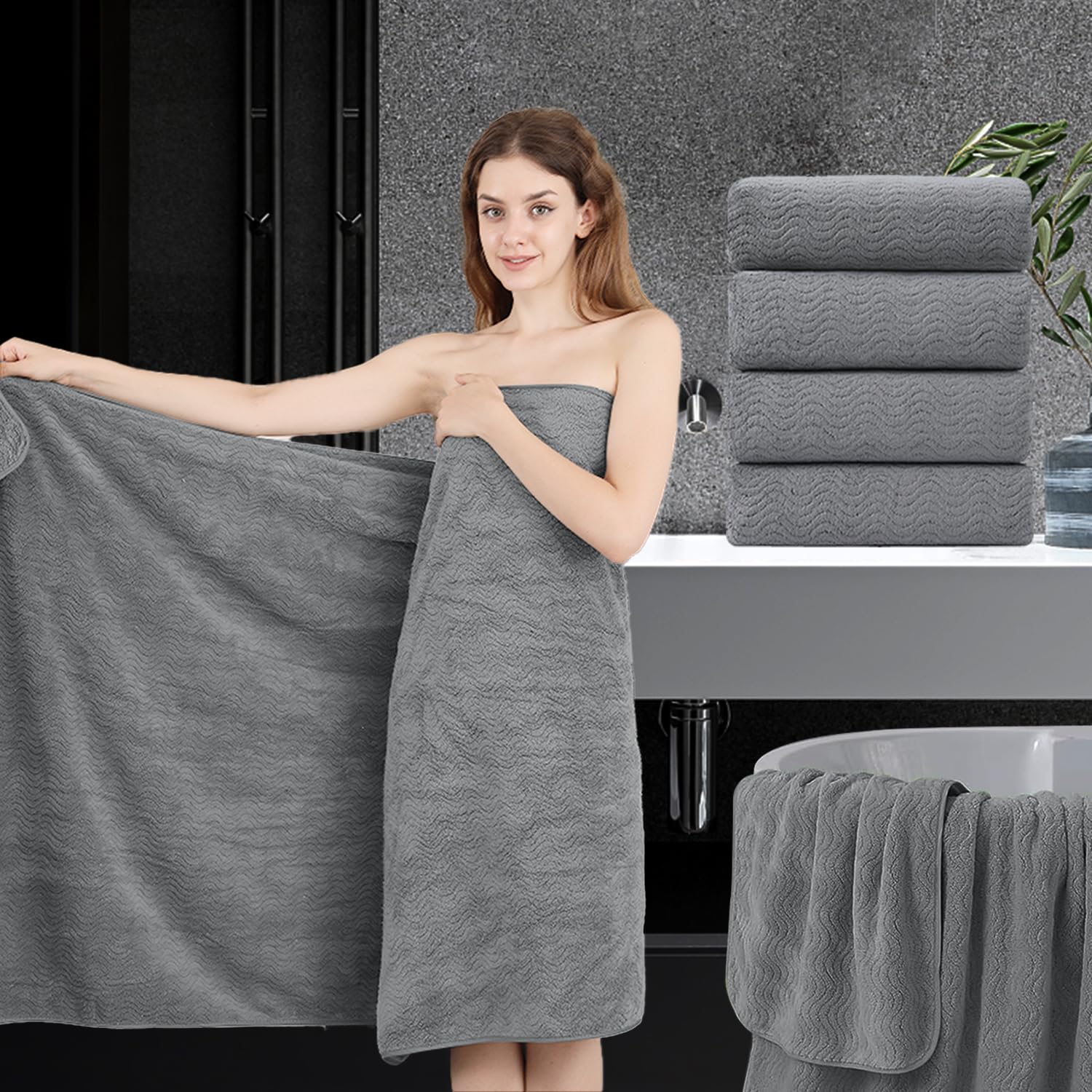 4 Piece Bath Towel Oversized Bath Sheet 35''X70'' Grey Bathroom Towel Extra Large Bath Towel Set Highly Absorbent Quick Dry Prem