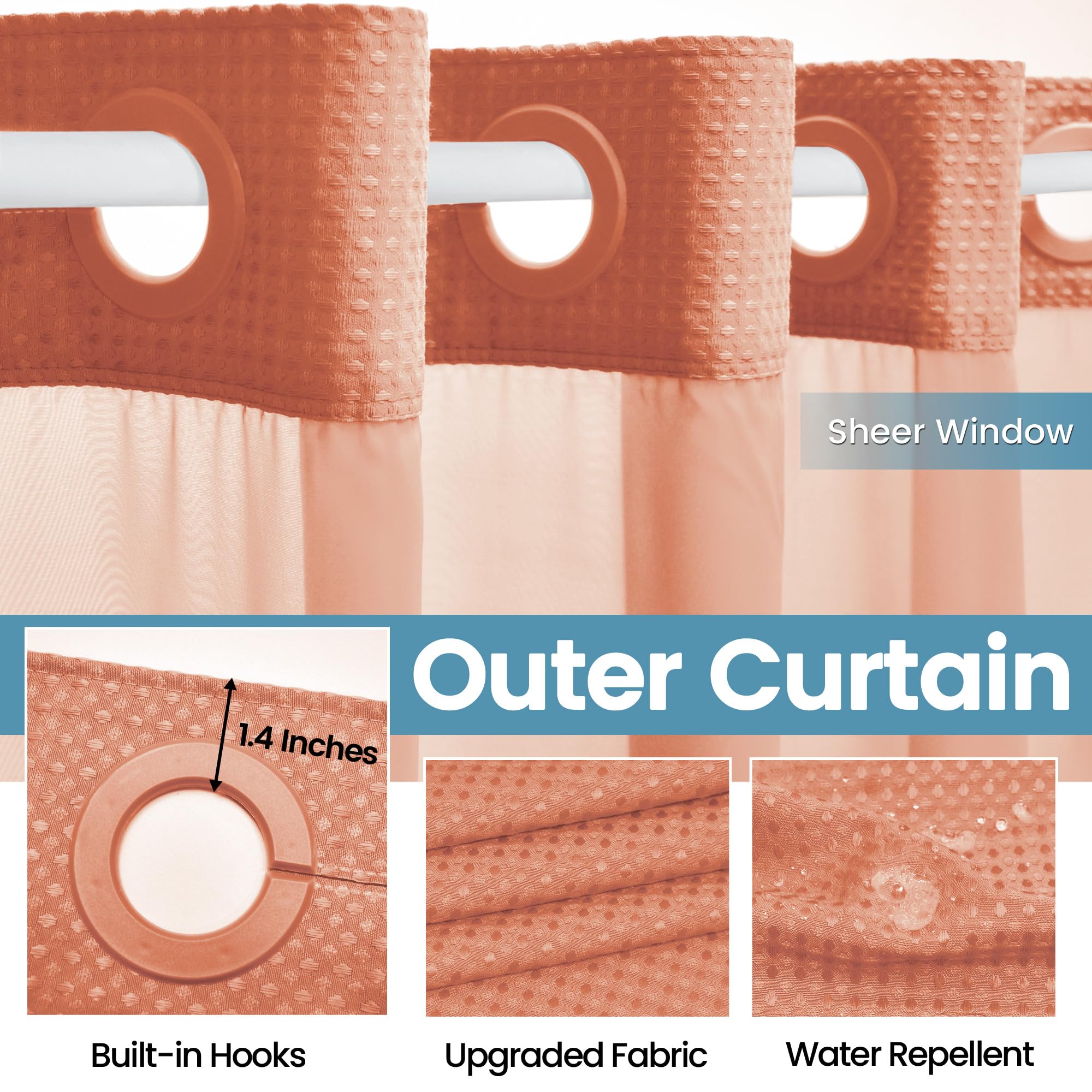 Eutxl Coral Hotel Shower Curtain With Detachable Liner - 230Gsm Waffle Textured,Hotel Grade,Spa Like Bath Curtain,71W X 74H