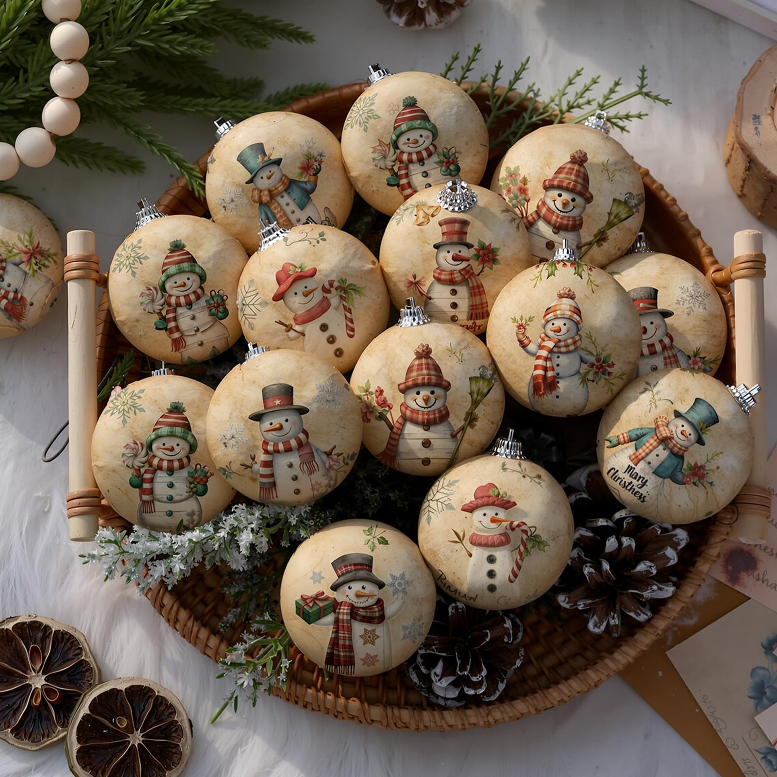 Outus 16 Pcs Christmas Tree Ornaments Ball Vintage Snowman Decorations for Tree Vintage Style Hanging Ornaments Farmhouse Home F