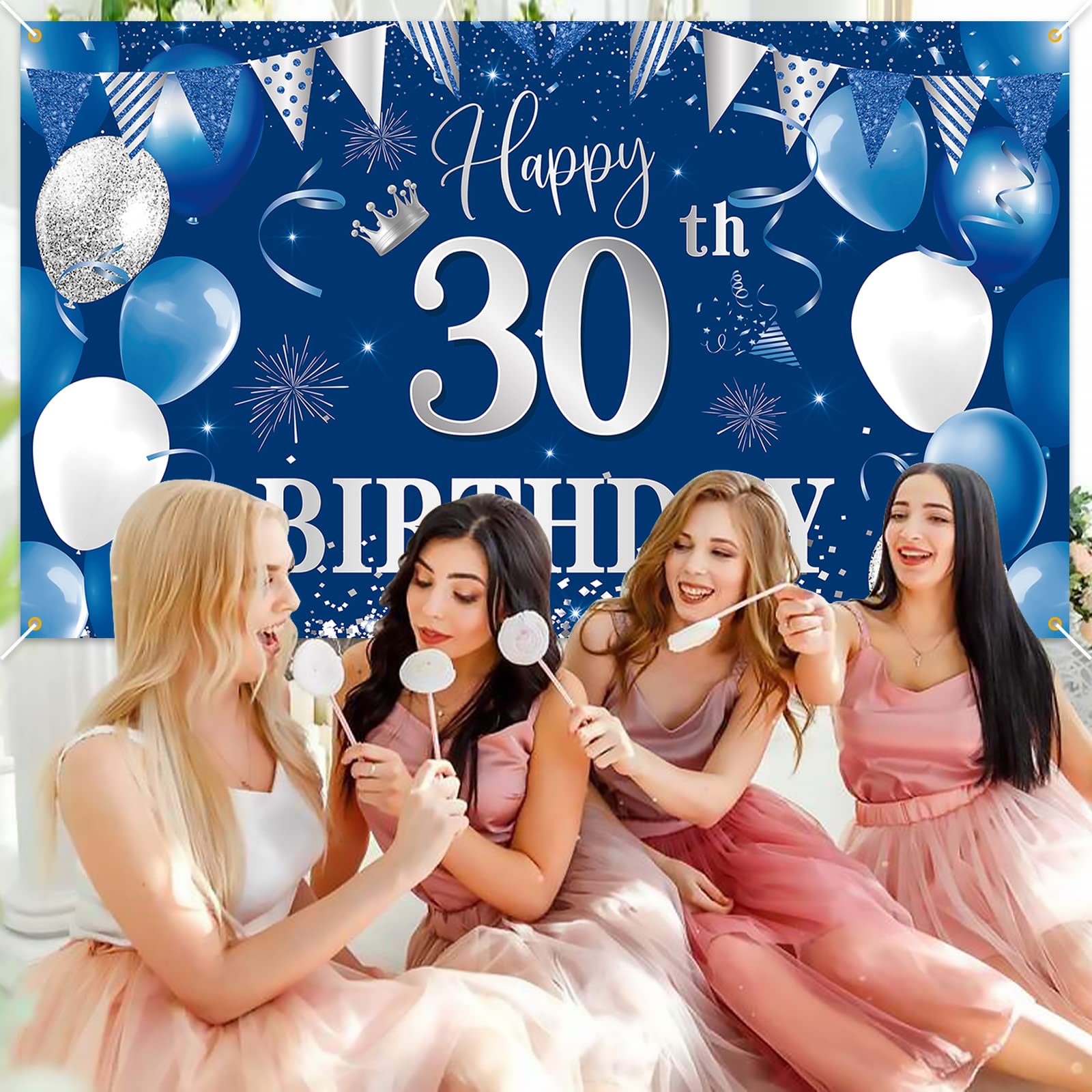 30Th Birthday Banner Backdrop,Btzo Happy 30Th Birthday Decorations,Blue Silver Fabric Photo Backdrop Background For Men And Wome