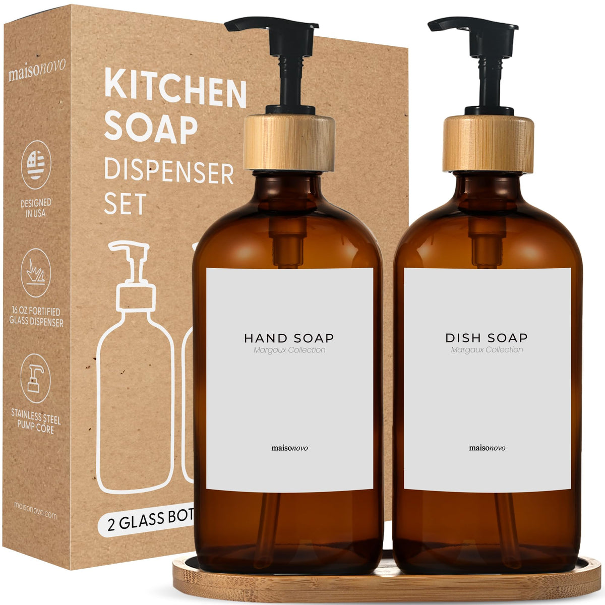 Maisonovo Kitchen Soap Dispenser Set - Glass Soap Dispenser With Pump - Amber Bamboo Black Pump 16.9 Fl Oz - Bathroom Soap Dispe