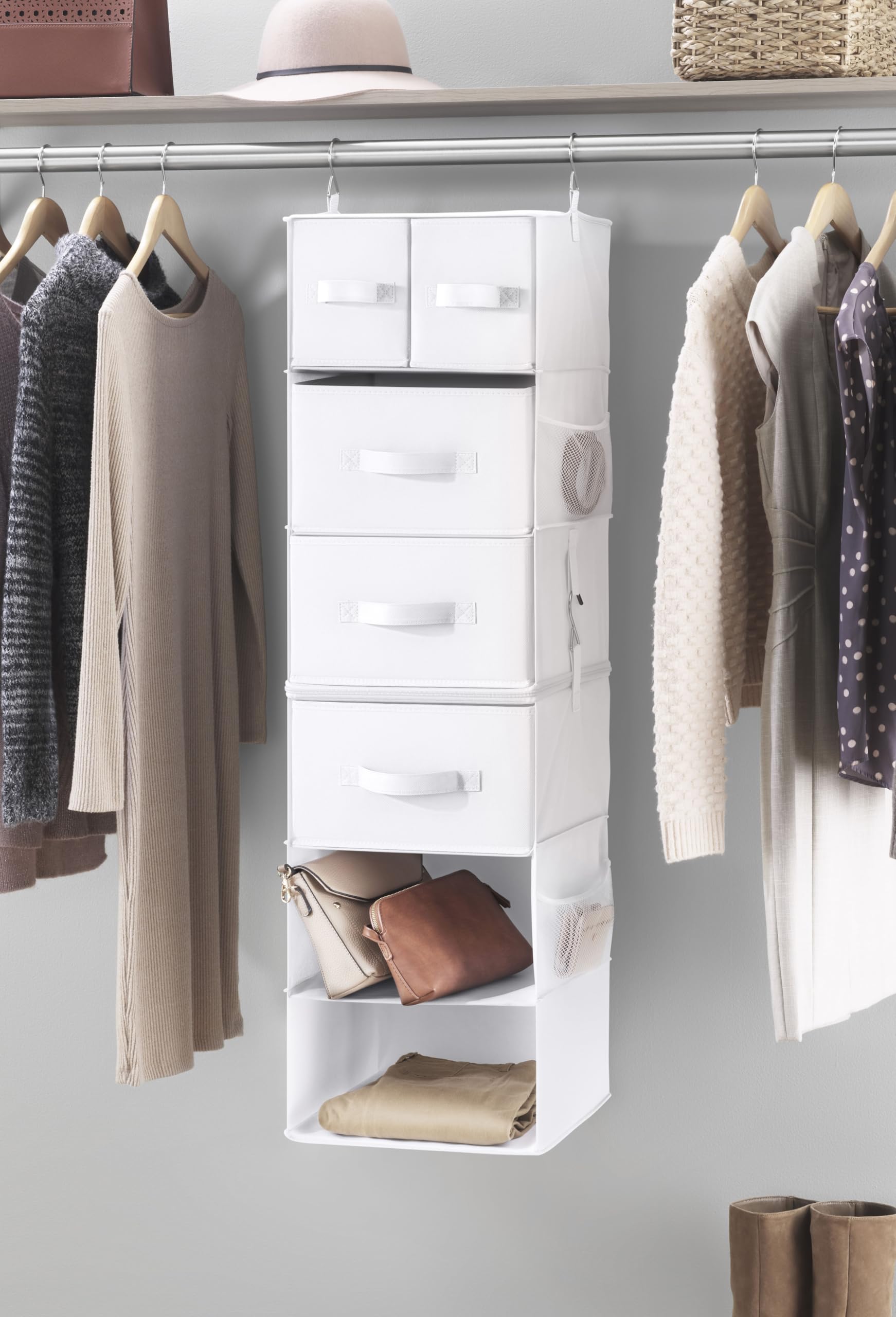 Whitmor Multi-Functional Hanging Organizer with Drawer Inserts- 5 Section - Closet Organizer - White