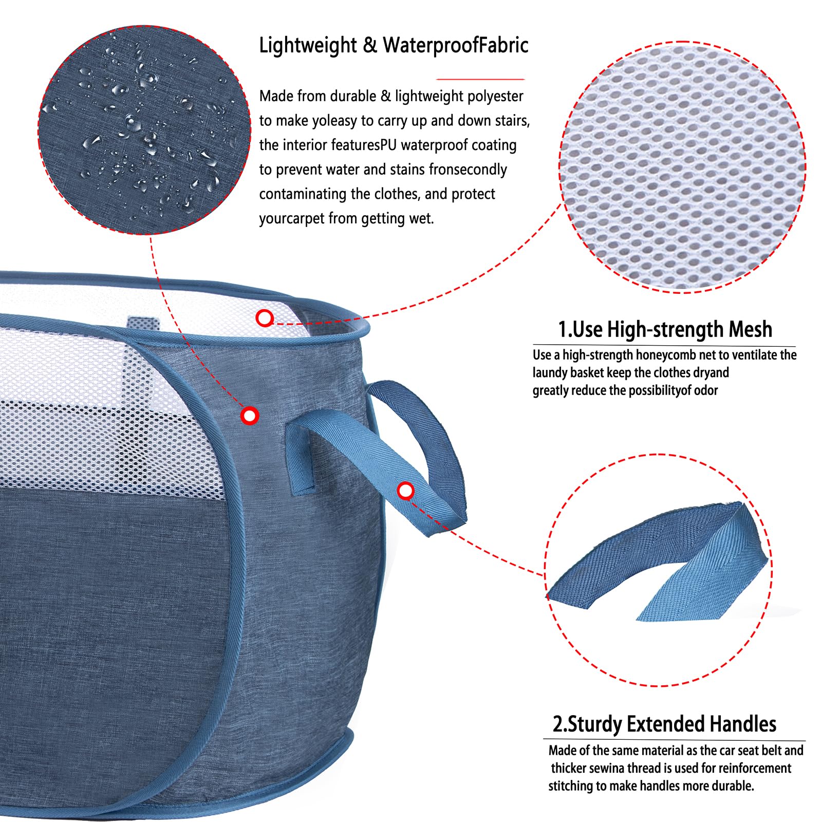 Pop-Up Laundry Basket,With Durable Handles Collapsible Mesh Laundry Hamper,Easy To Open And Fold,Premium Cationic Fabric (Cation