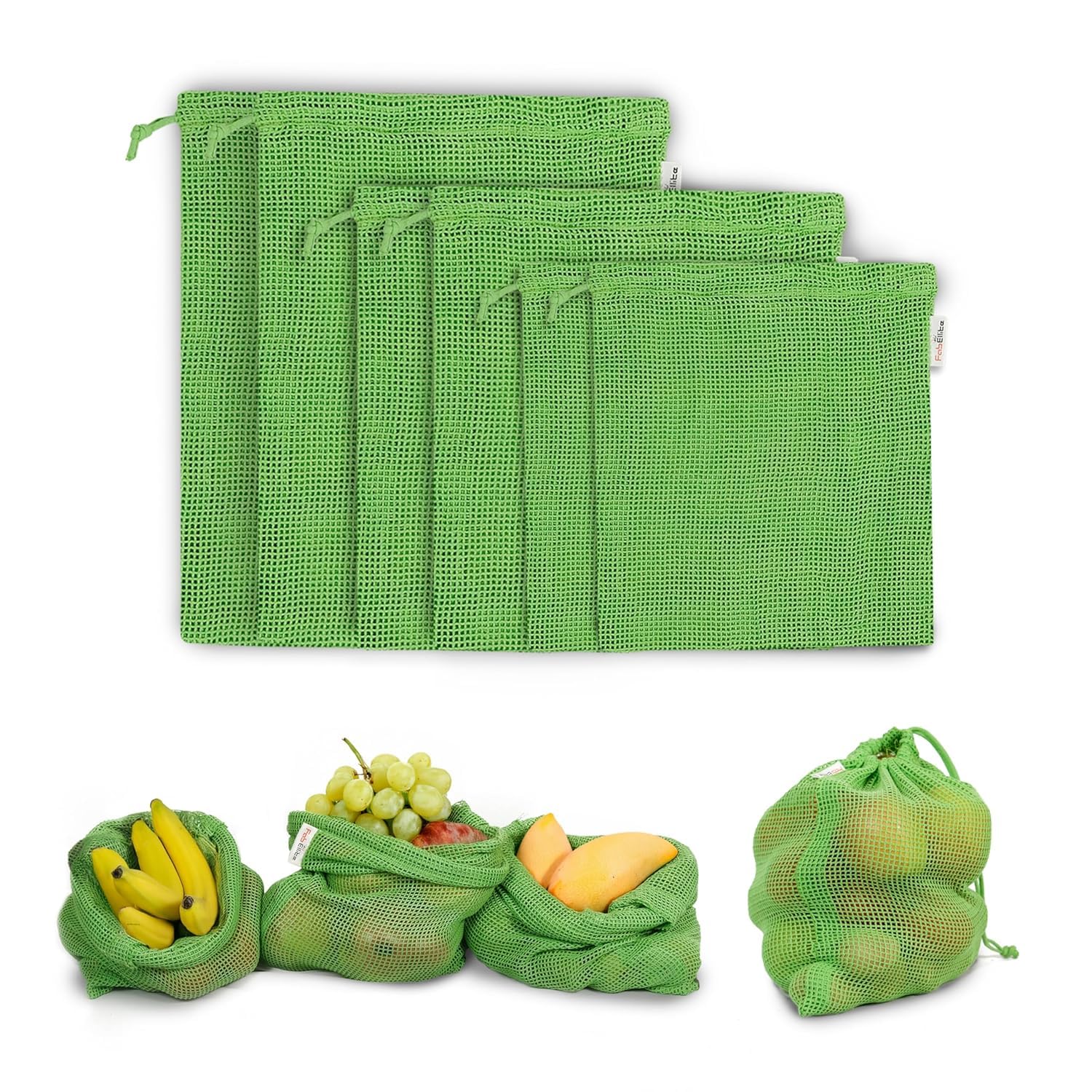 Skodinax Reusable Cotton Mesh Drawstring Bags For Vegetables And Fruit, Green, Set Of 6 (2 Small, 2 Medium, 2 Large)