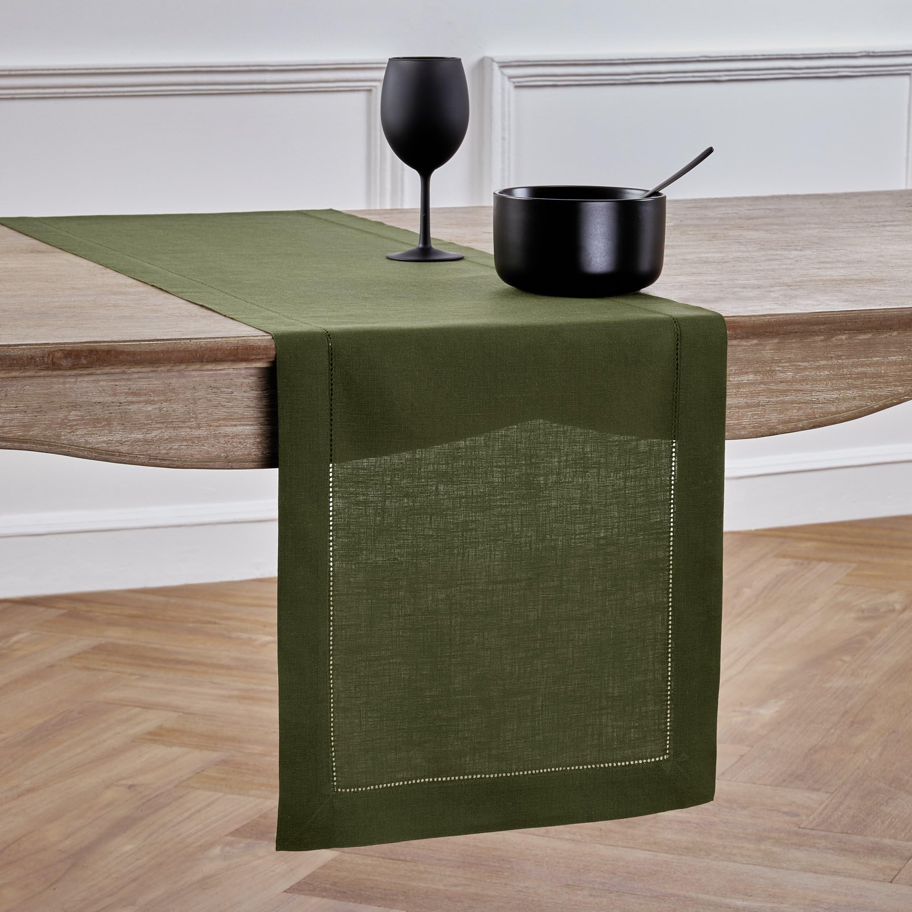 Solino Home Linen Olive Table Runner 48 Inch - 100% Pure Linen Classic Hemstitch Short Table Runner 14 X 48 Inch Ideal For Dress