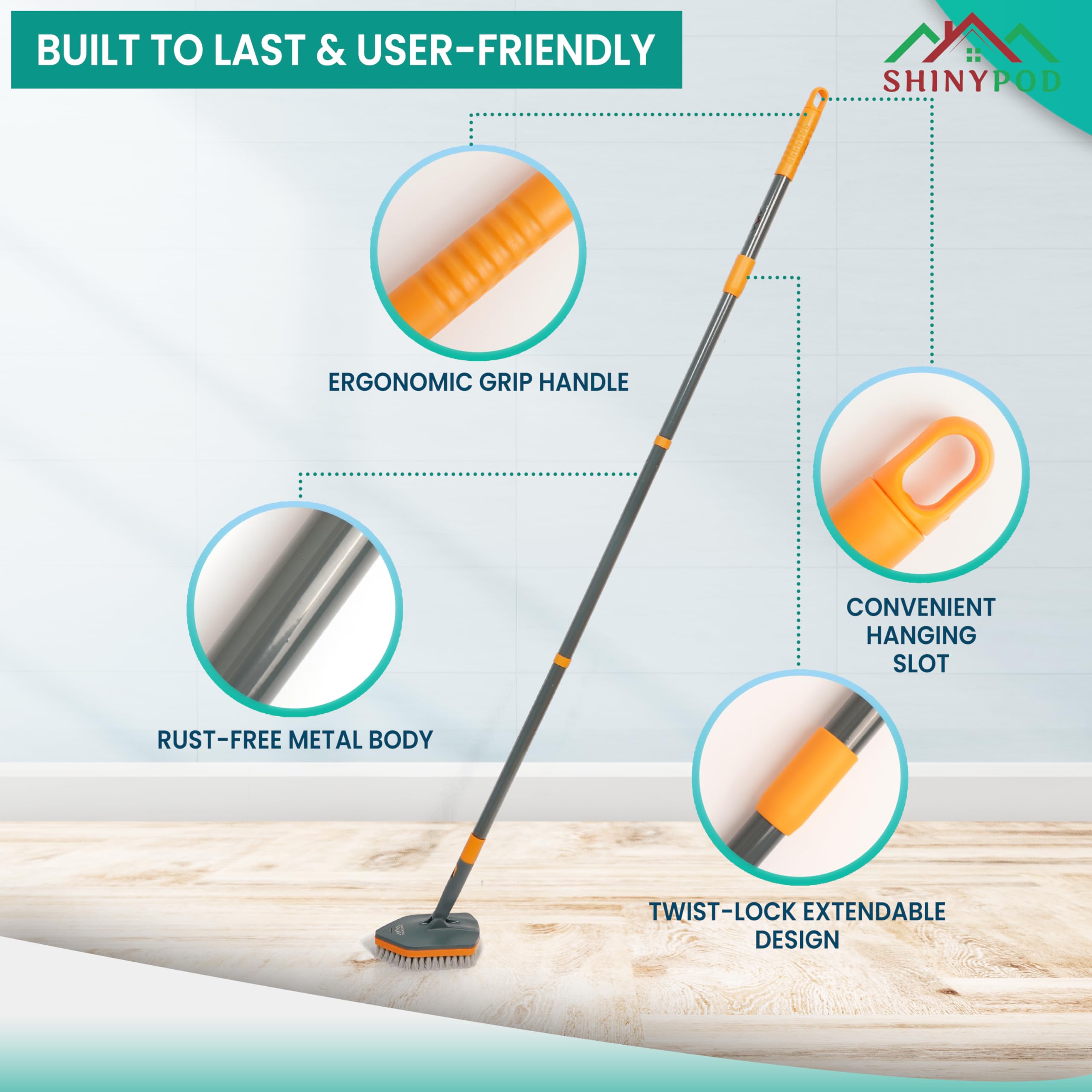 Shinypod Floor Cleaning Brush With Long Handle, Combo Of Microfiber & Scrubbing Pads For Bathroom Tiles, Glass Windows  Wall Cle