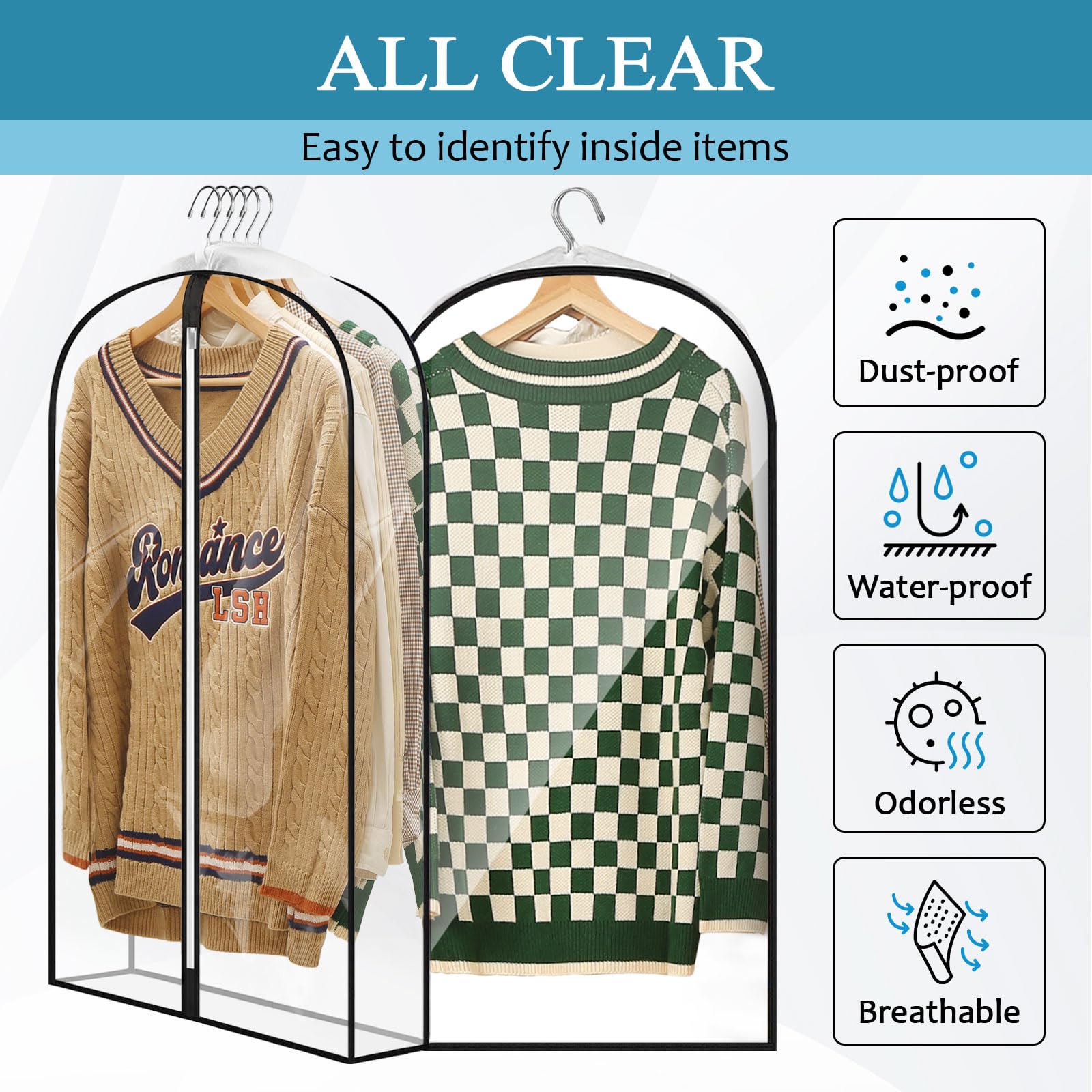 Perber 40'' All Clear Garment Bags For Hanging Clothes, 4'' Gusseted Suit Bags For Closet Storage, Plastic Garment Covers With Z