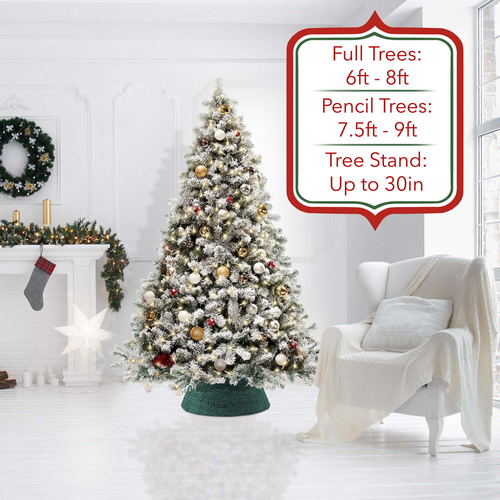 Casafield 32-Inch Christmas Tree Collar, Woven Water Hyacinth Tree Base Cover with Cord Cut Out, Green