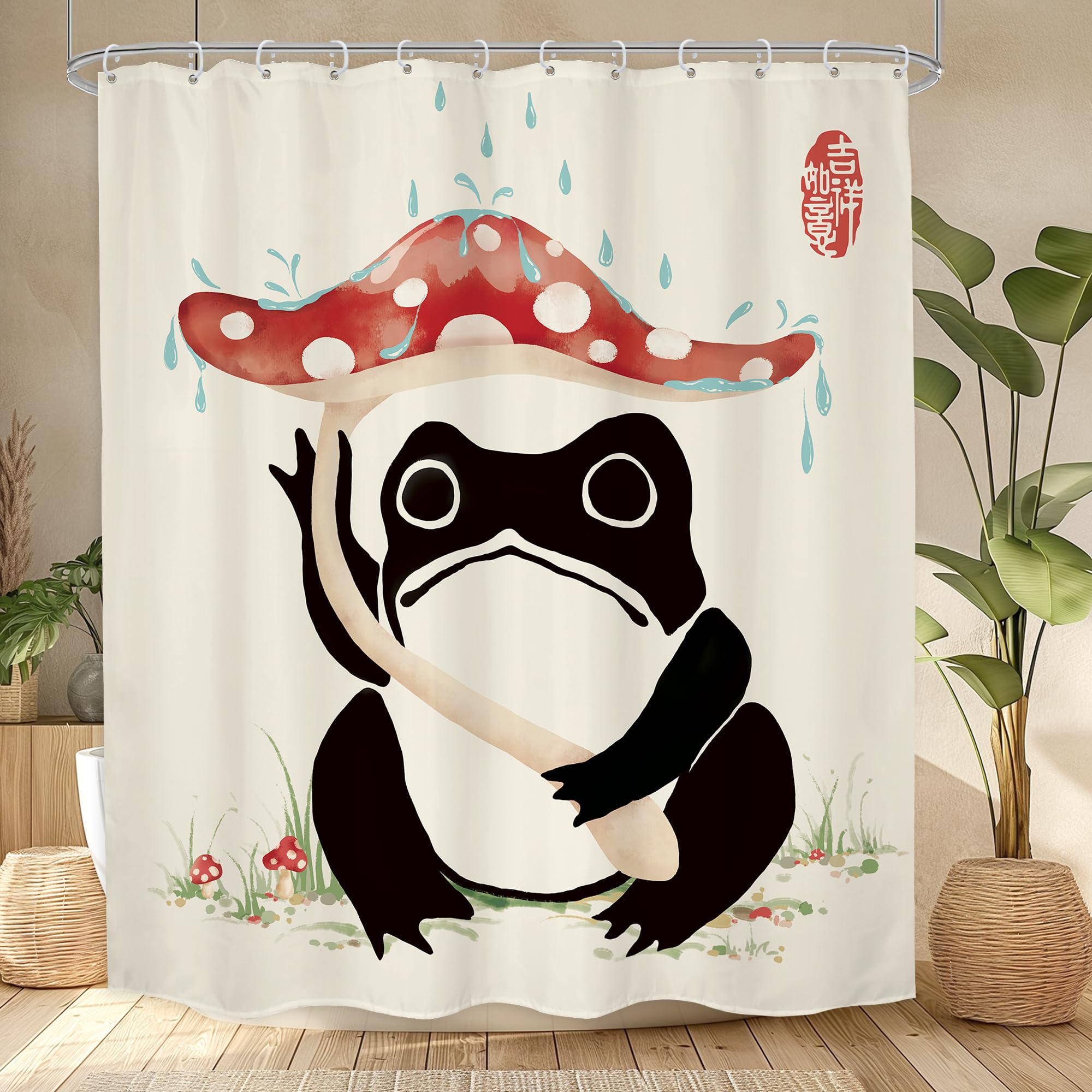 Lghtyro Funny Frog Shower Curtain Bathroom Set 60Wx71H Inches Mushroom Asian Traditional Art Japanese Lovely Hilarious Black Bei