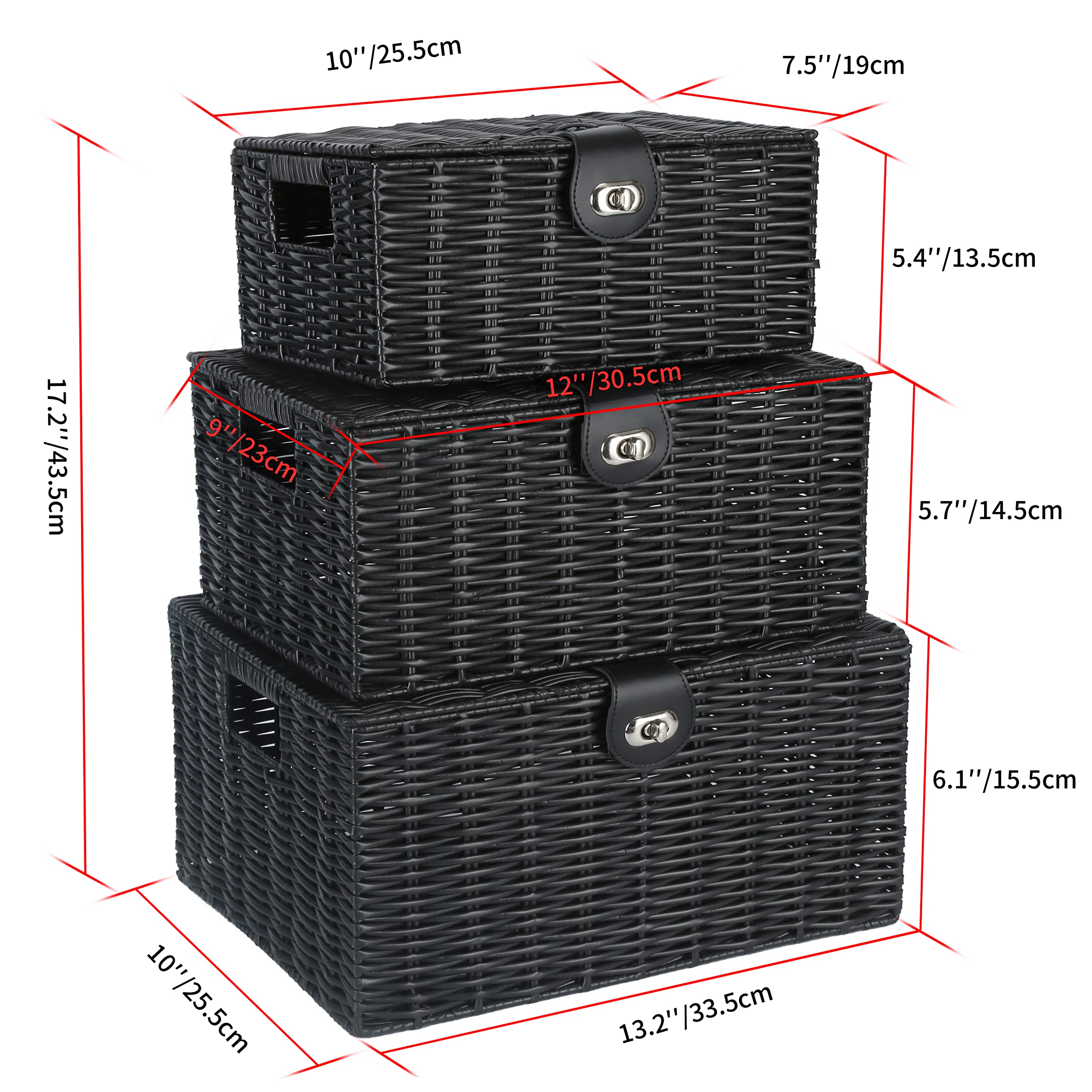 Honygebia Black Wicker Storage Baskets - Set Of 3 Decorative Nesting Boxes With Lids, Woven Basket With Lock & Handle, Organizer