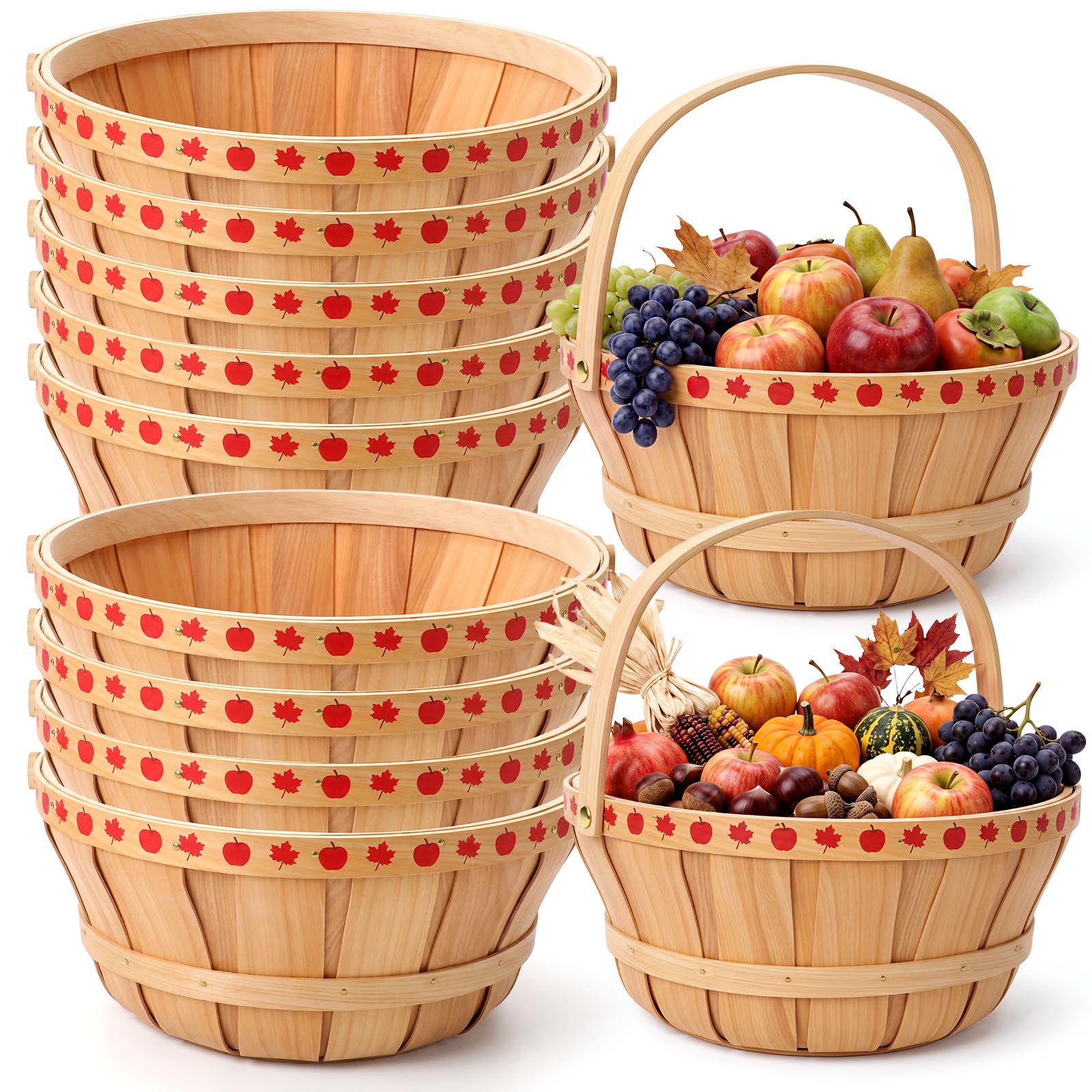 Ferrochef 9 Pack Bushel Baskets 12x5.2 Round Wooden Apple Baskets Bulk