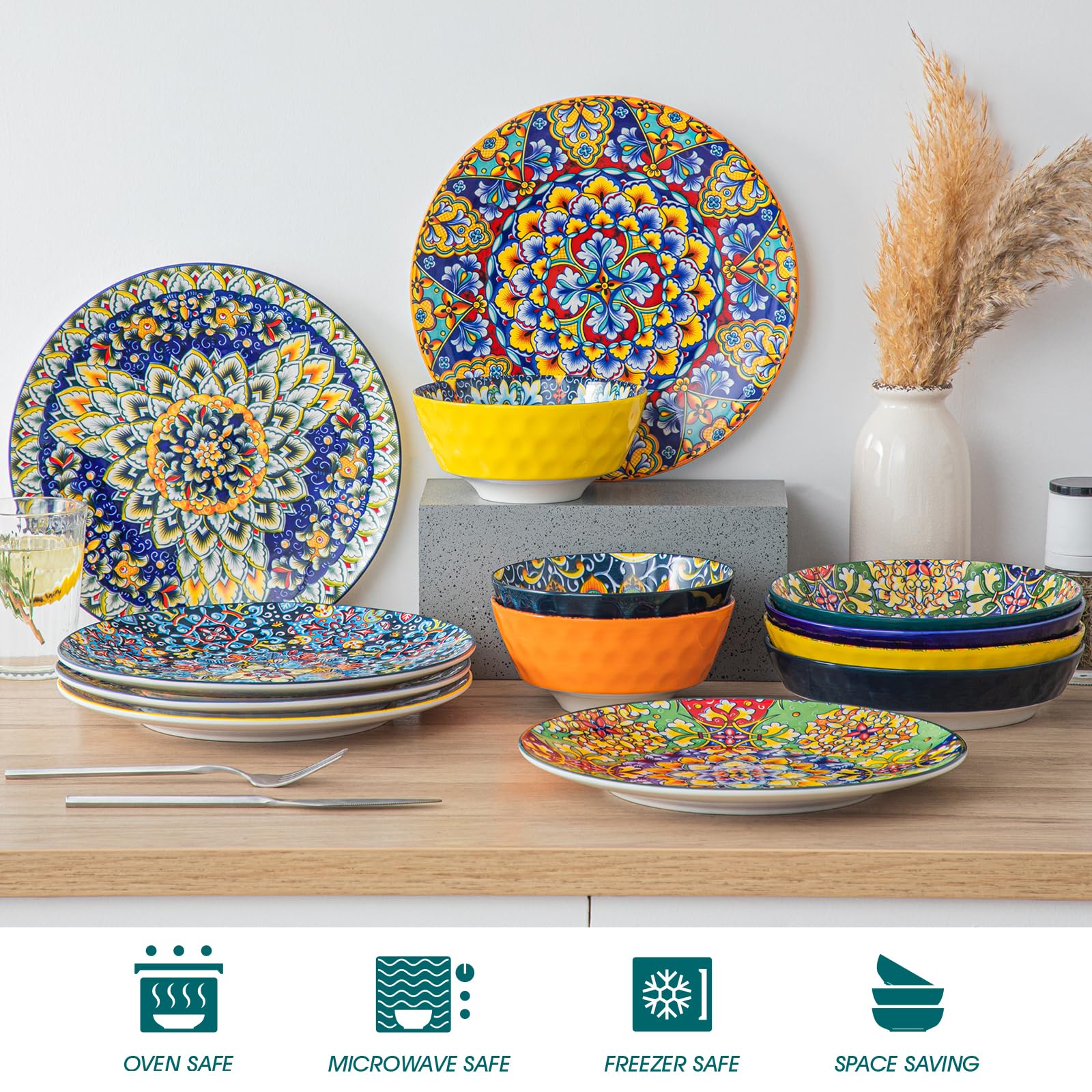 vancasso Dinner Plates Set of 6 - 10.5" Ceramic, Microwave & Dishwasher Safe, Colorful Bohemian Style