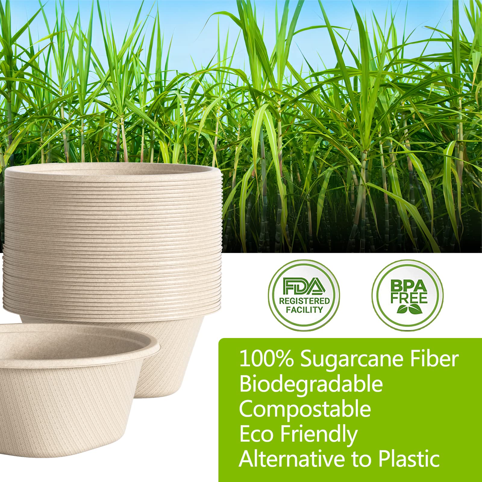 Homestockplus 32 Oz Deep Paper Bowls Disposable Soup Bowls Disposable Heavy Duty Compostable Bowls, Eco-Friendly Sugarcane Bagas