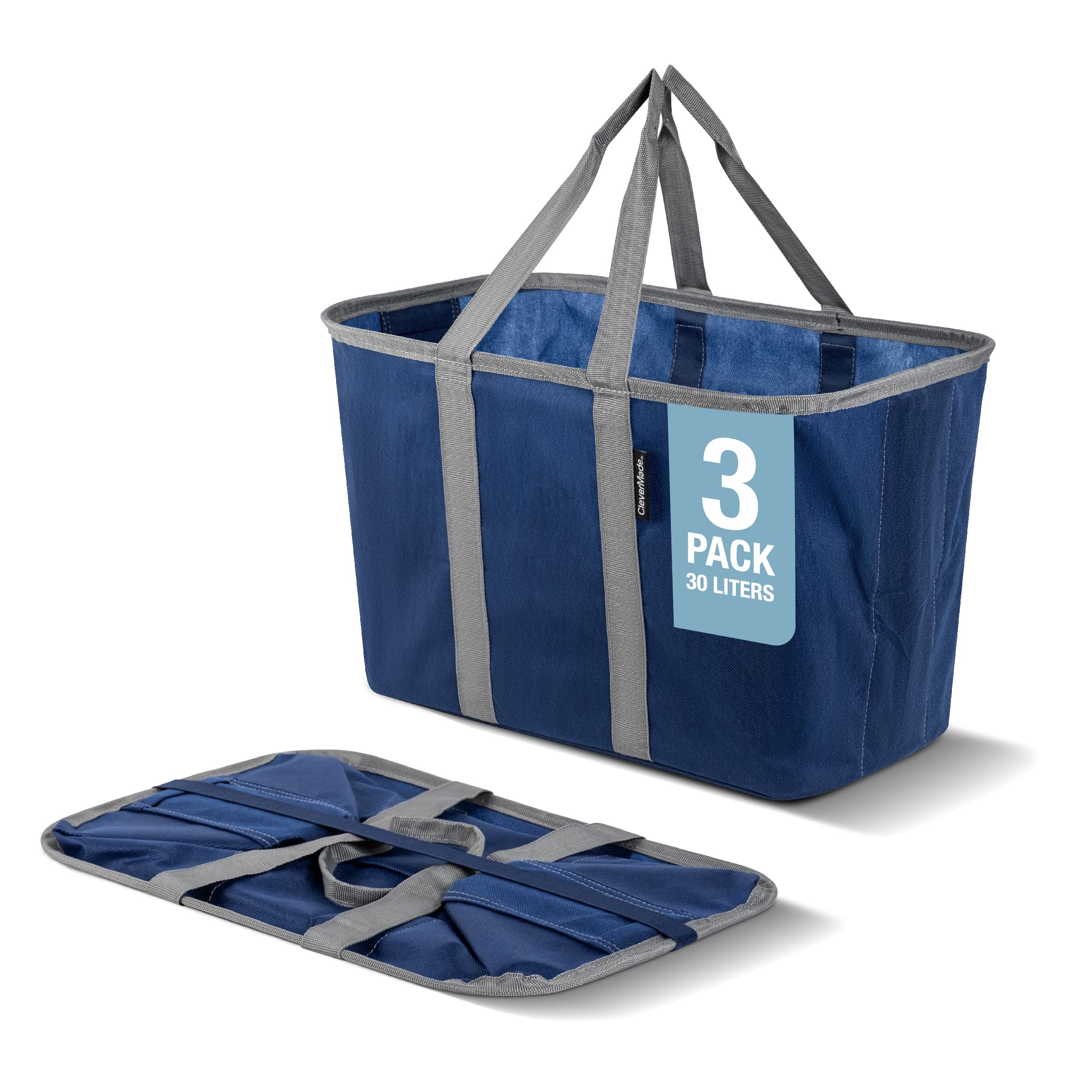 CleverMade EcoBasket Reusable Grocery Tote - 30L - Pack of 3 - Blue Grey - Collapsible Storage Shopping Organizer - Heavy Duty U