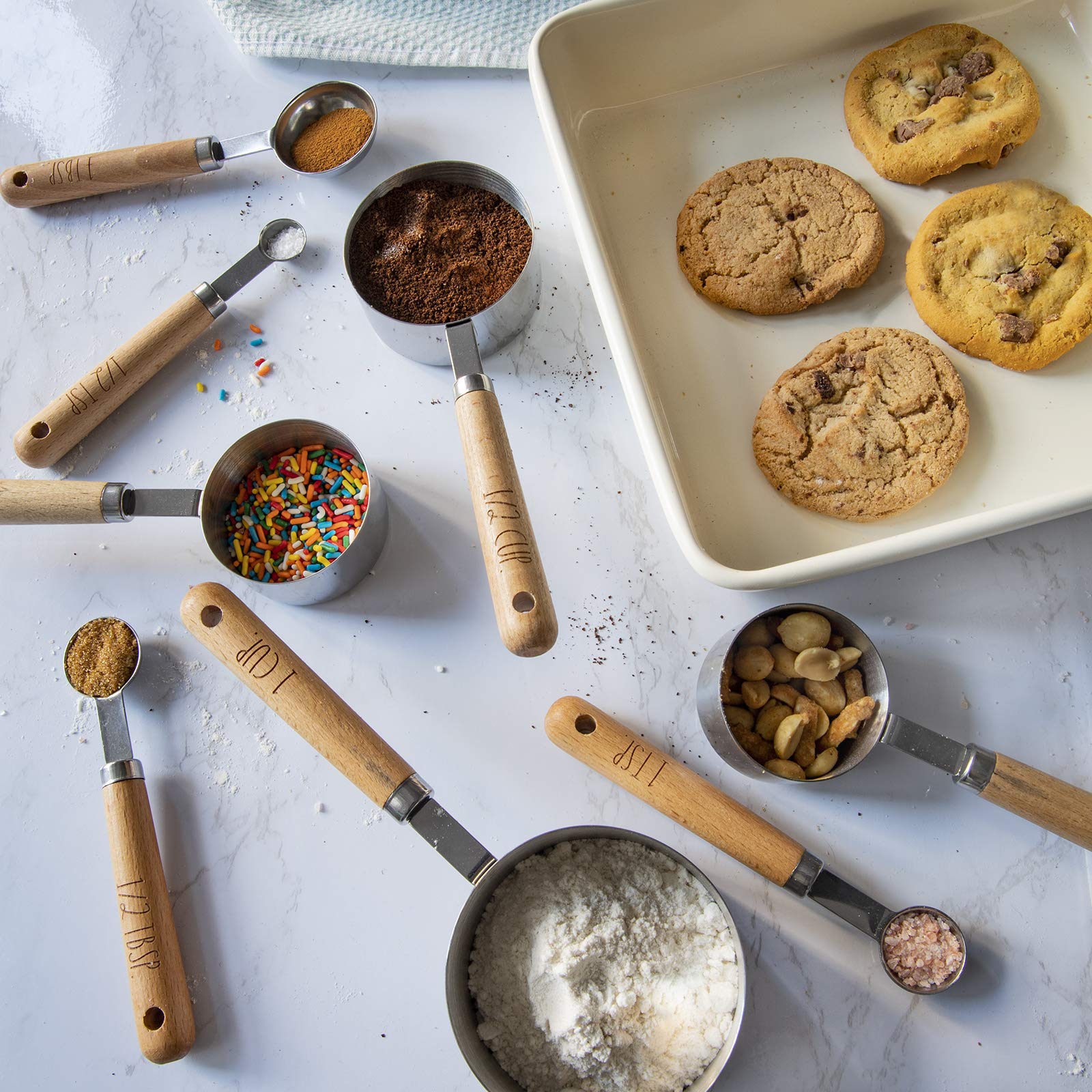 8 Piece Measuring Cups Set And Measuring Spoons Set-Nesting Kitchen Measuring Set, Liquid And Dry Measuring Cup Set (Wood)