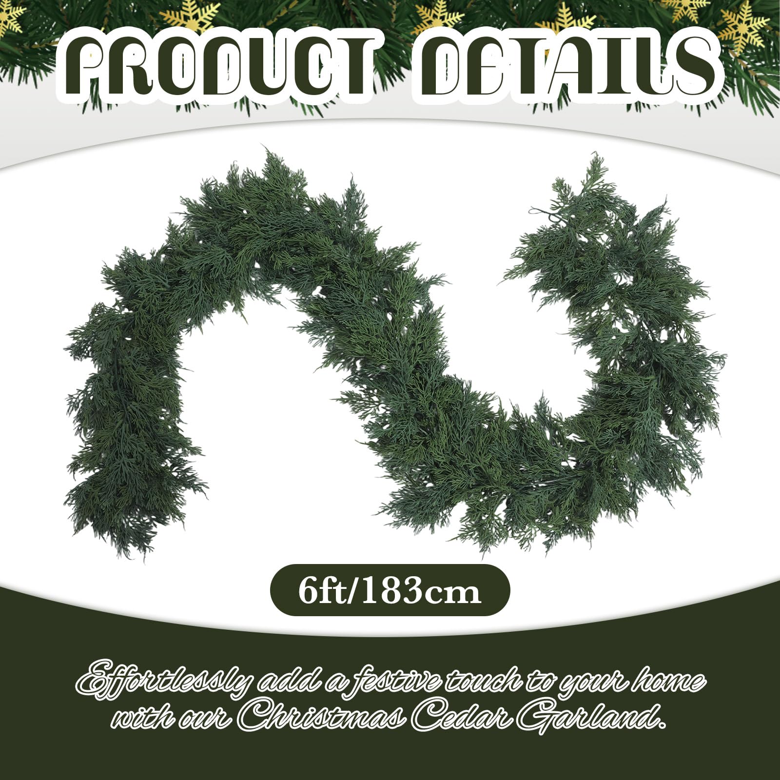 Dingion 1 Pcs 6 ft Christmas Cedar Garland - Artificial Realistic Green Faux Cedar Pine Garland Soft and Thick for Home Table, M