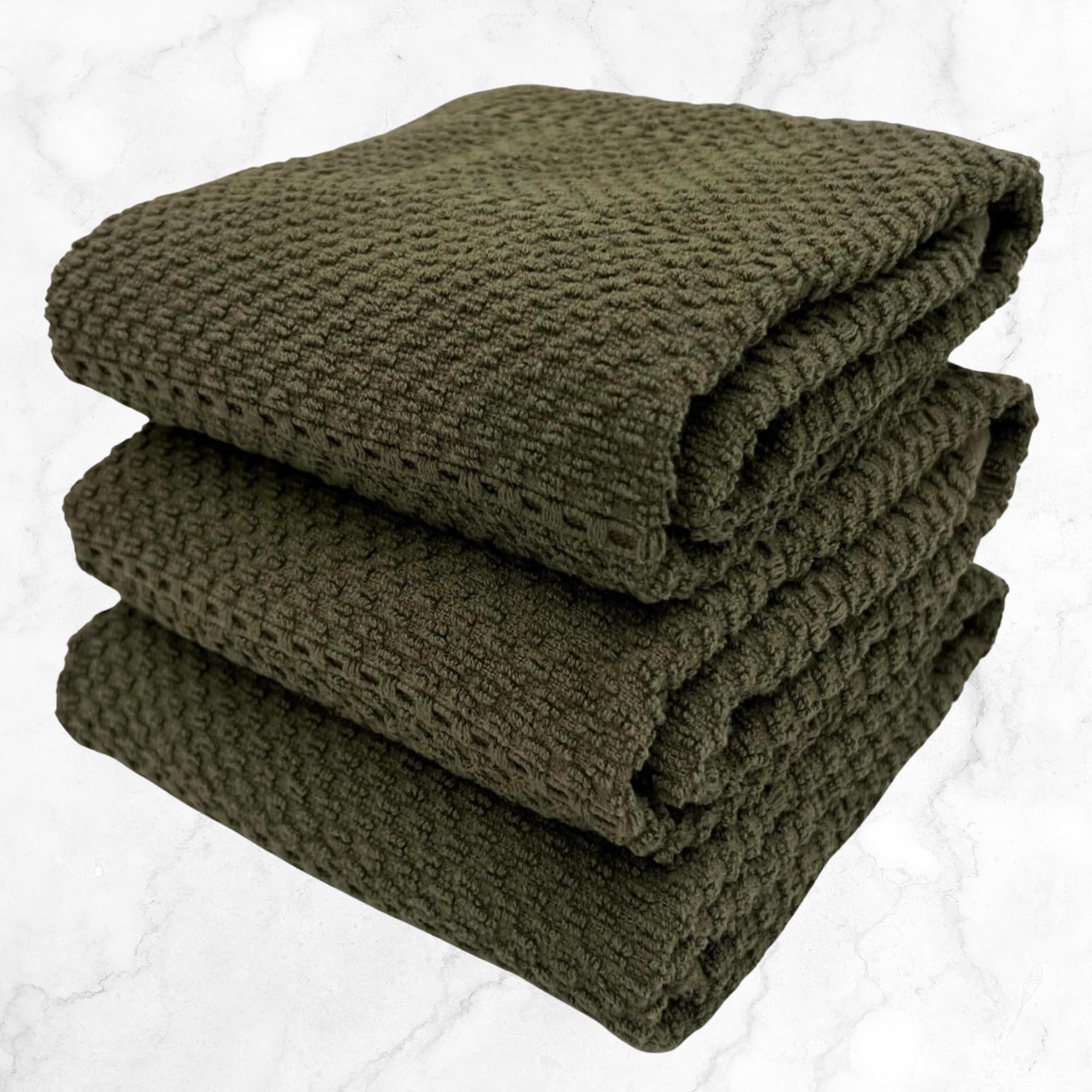 Olive Green Kitchen Hand Dish Towels: Oversized 28'' X 18'',100% Cotton Cloth Soft Cleaning Drying Absorbent Ribbed Design, Set