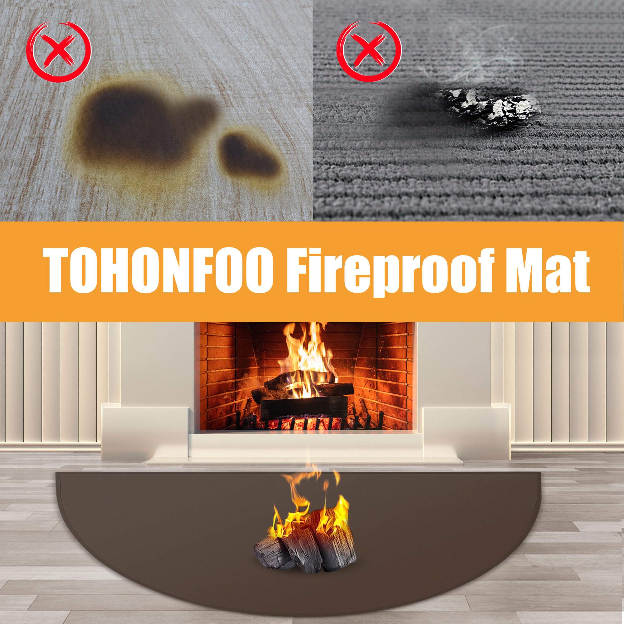 TOHONFOO Fireplace Mat, Fire Resistant Hearth Rug, 48"x28", Brown, Silicone Coated Fiberglass, Indoor/Outdoor Use