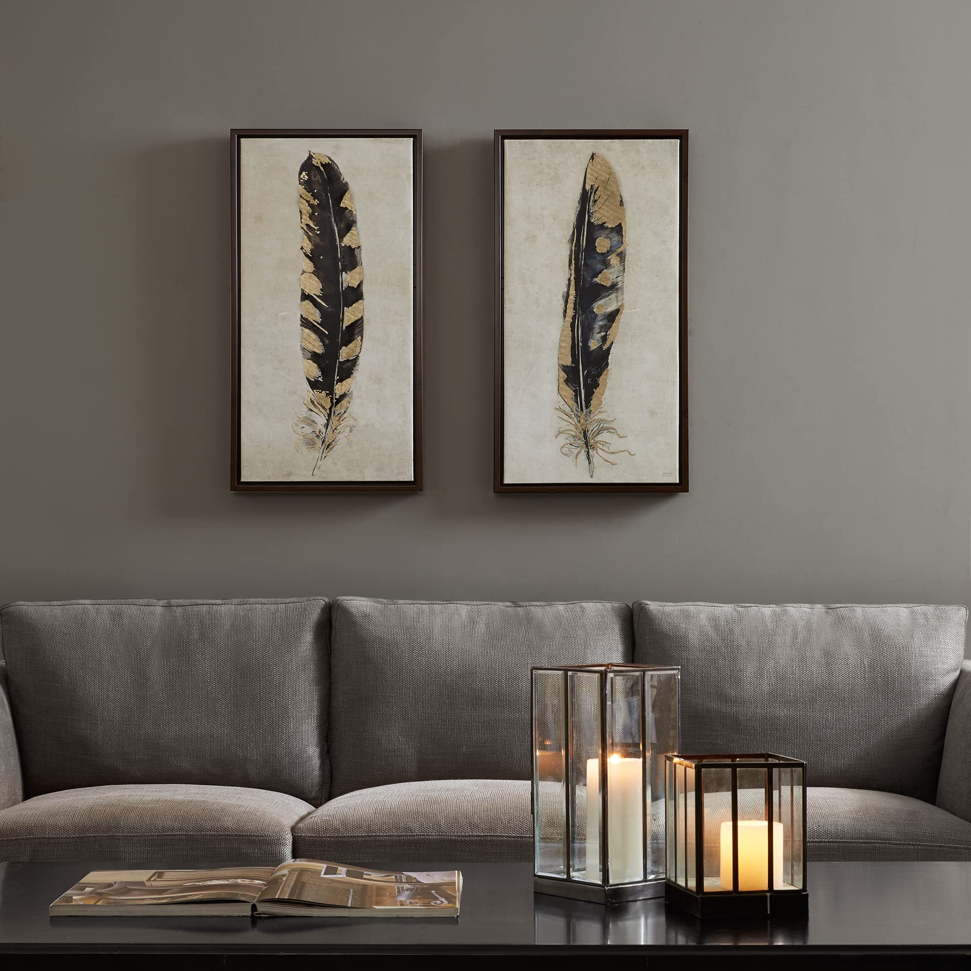 Urban Habitat, Gilded Feathers 2 Piece Set Wall Art Gold Foil Canvas, Modern Contemporary Global Inspired Painting Living Room A