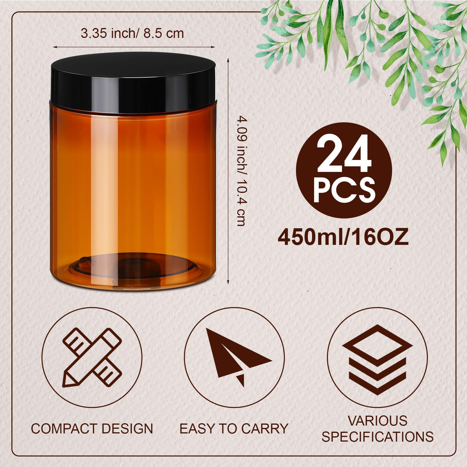 Tanlade 24 Pcs 16 oz Amber Plastic Jars with Lids Round Cosmetic Containers Leak Proof Refillable Empty Containers for Creams Lotion Body Butter Oil Ointments Powders Beauty Products Travel Storage