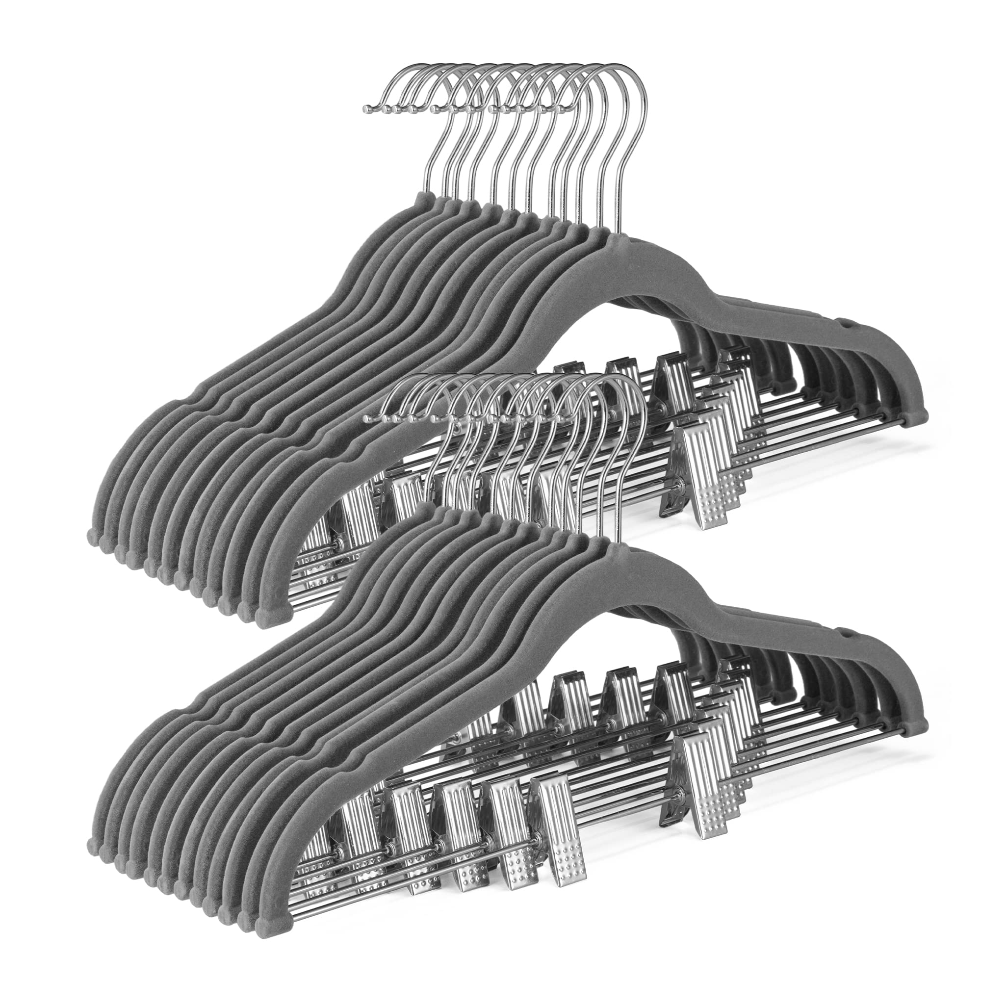 House Day Velvet Skirt Hangers 24 Pack, Gray Velvet Hangers With Adjustable Clips, Space Saving Slim Velvet Pant Hangers, Heavy