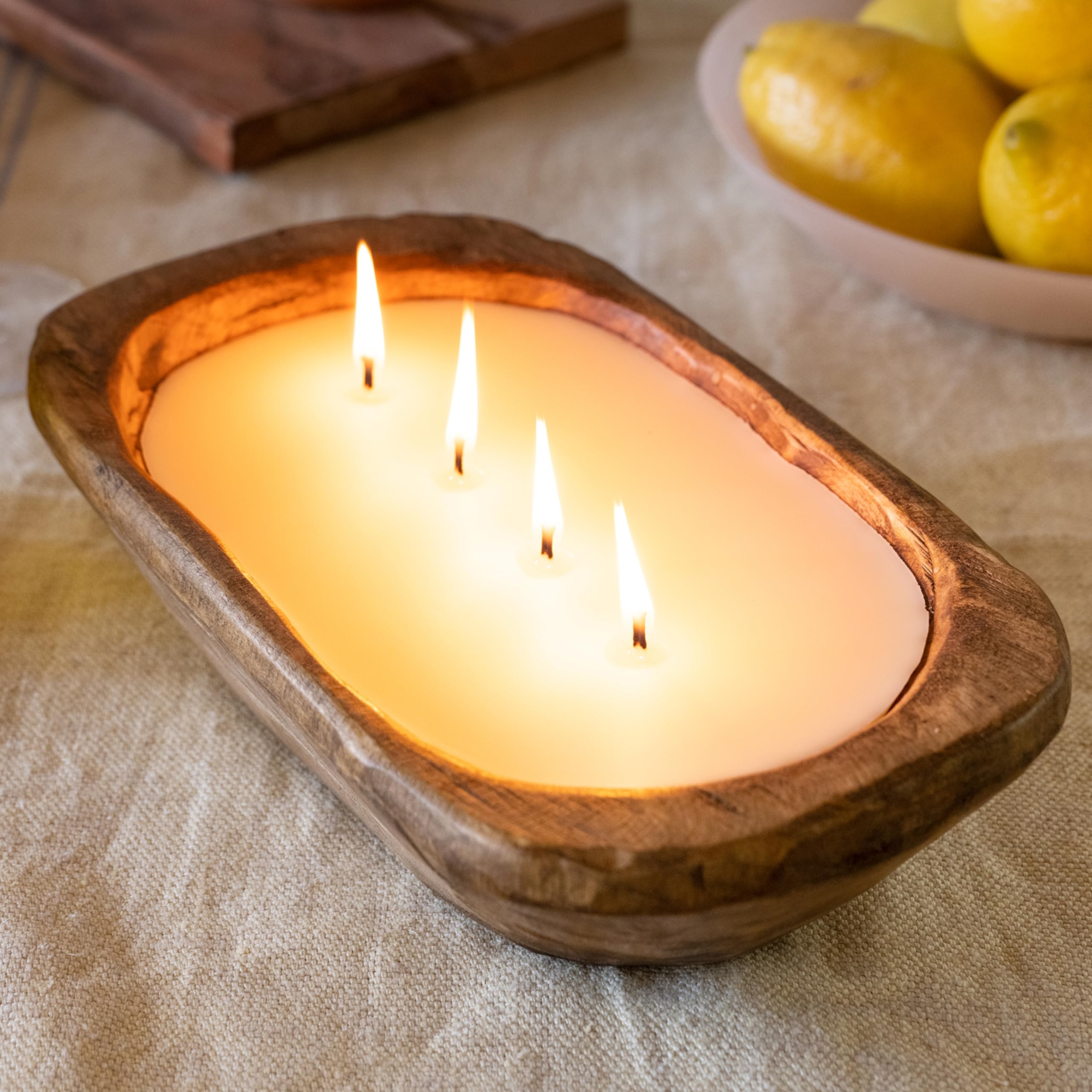 Wooden Dough Bowl Candle 10 Inch  Wooden Dough Bowl Soy Candle  Farmhouse Dough Bowl Candles for Table  Wood Bowl Candle Boat 4 Wick  Wooden Candle Bowl Decor