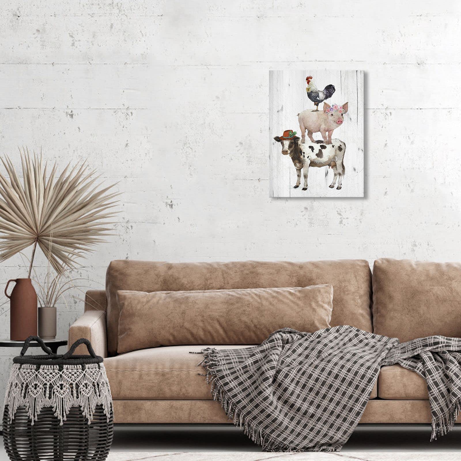 YPY Farm Animals Canvas Wall Art - Rooster Pig Cow Print, 15L x 10W, Rustic Wood Framed Decor for Home Office, Ready to Hang