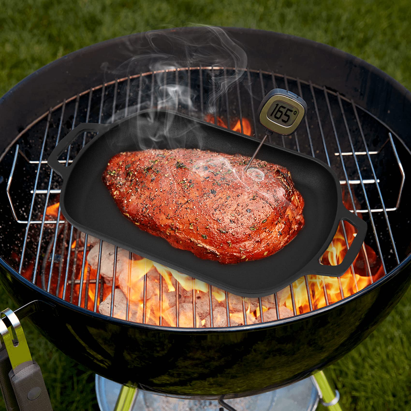 Mimiuo Cast Iron Sizzler Pan For Pizza Oven And Grill, 14 Inch Non-Stick Sizzling Fajita Skillet Rectangular Griddle Pan With Re