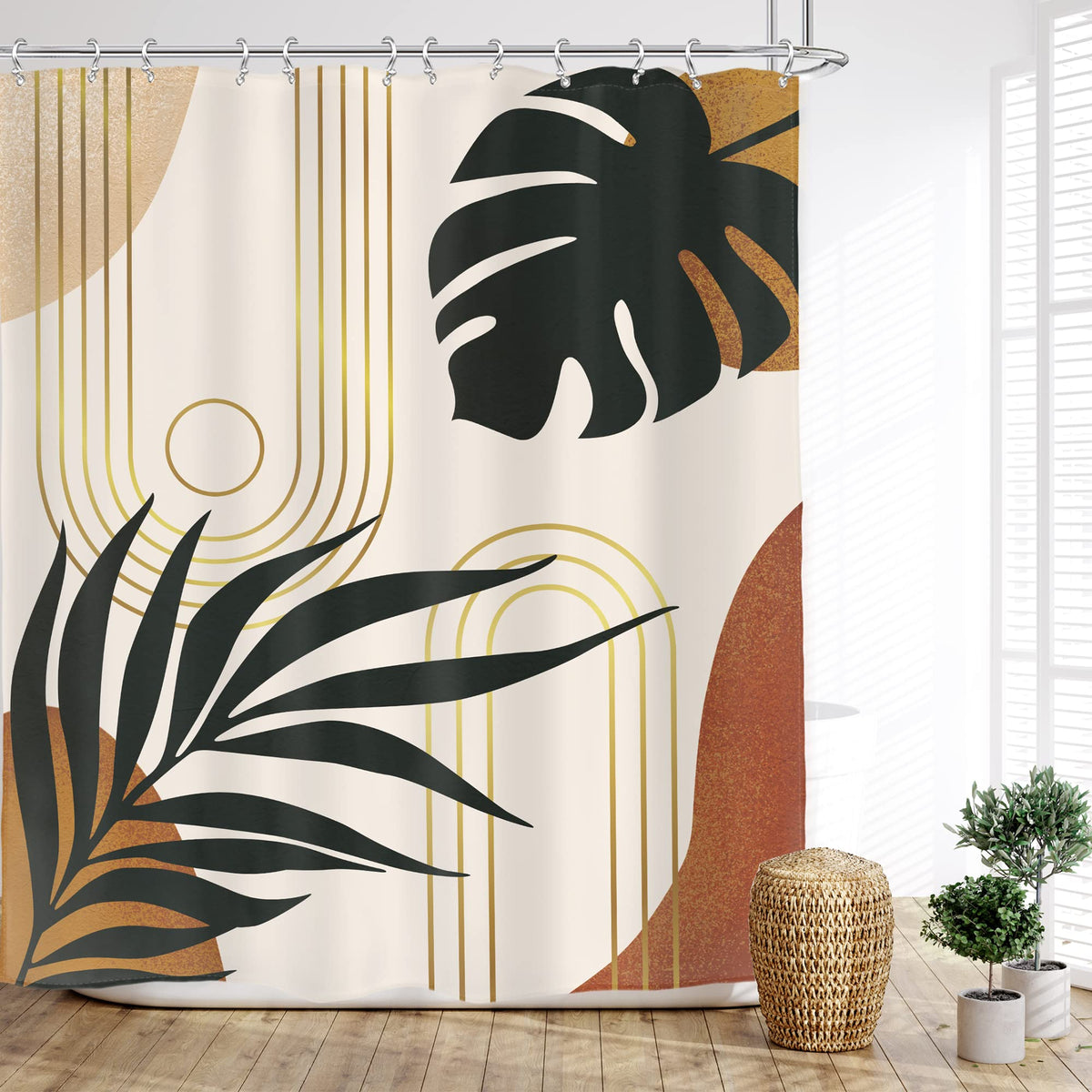 Glawry Boho Mid Century Shower Curtain 60Wx72L Inches Abstract Tropical Palm Leaves Modern Minimalist Plant Botanical Geometric