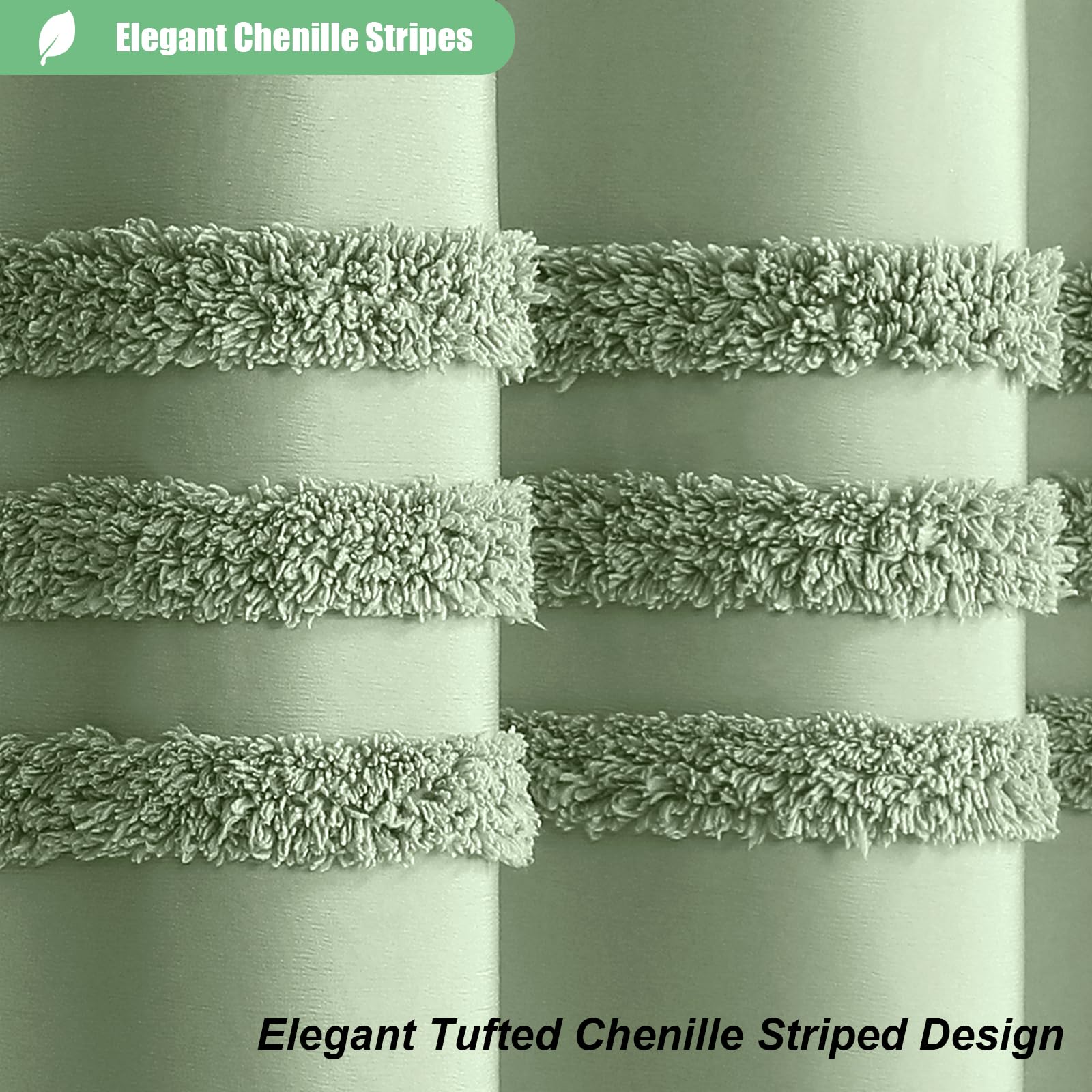 Dynamene Sage Green Fabric Shower Curtain, Tufted Chenille Striped Textured Cloth Shower Curtains For Bathroom, Boho Farmhouse S