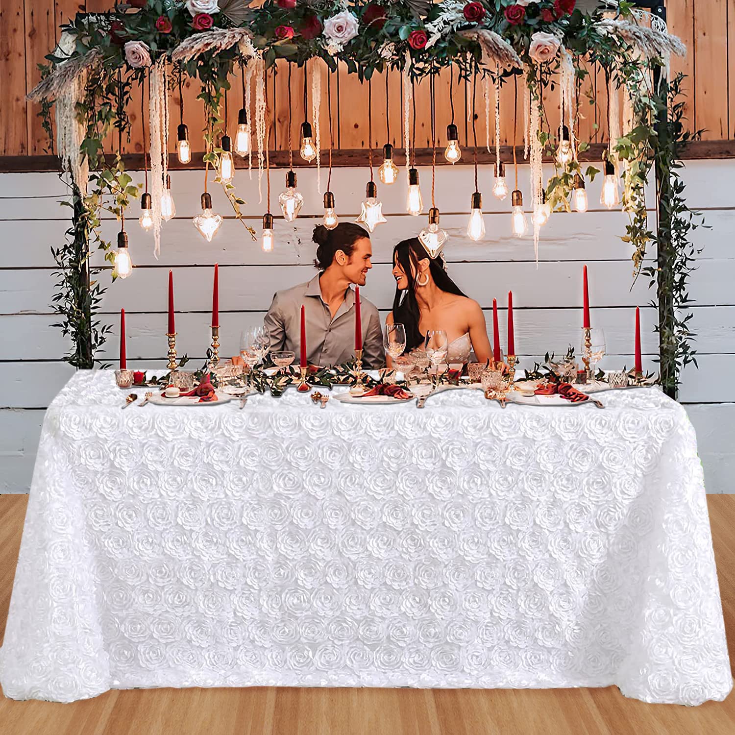 QueenDream White Wedding Tablecloth 90 x 132 Inch Rosette Tablecloth 3D Flowers Satin Overlay for Wedding Reception Table Decorations