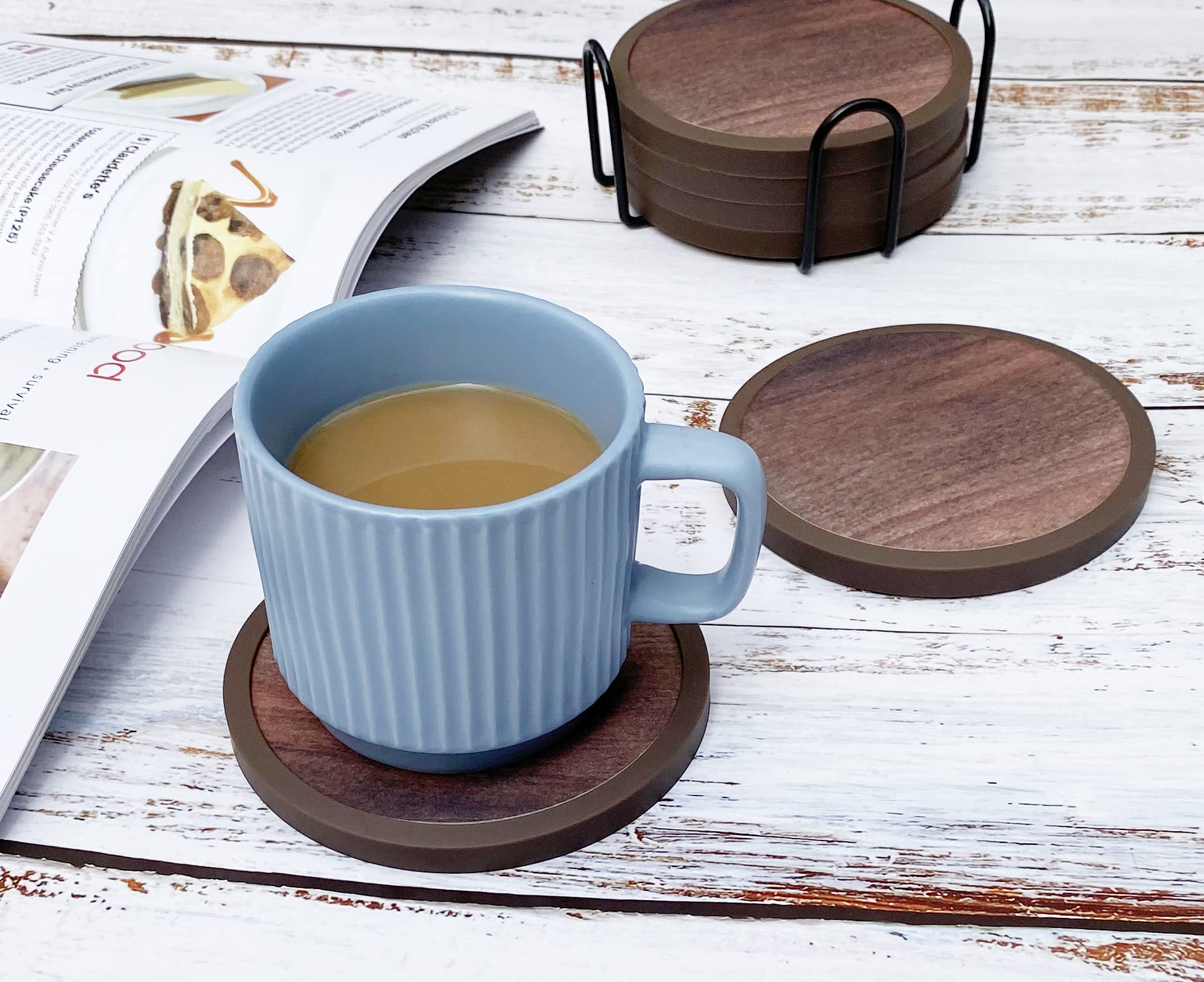 Absorbent Coasters For Drinks With Holder - 6Packs, Silicone Coasters With Soft Felt Insert (43 Inch Coasters With 45 Inch Holde