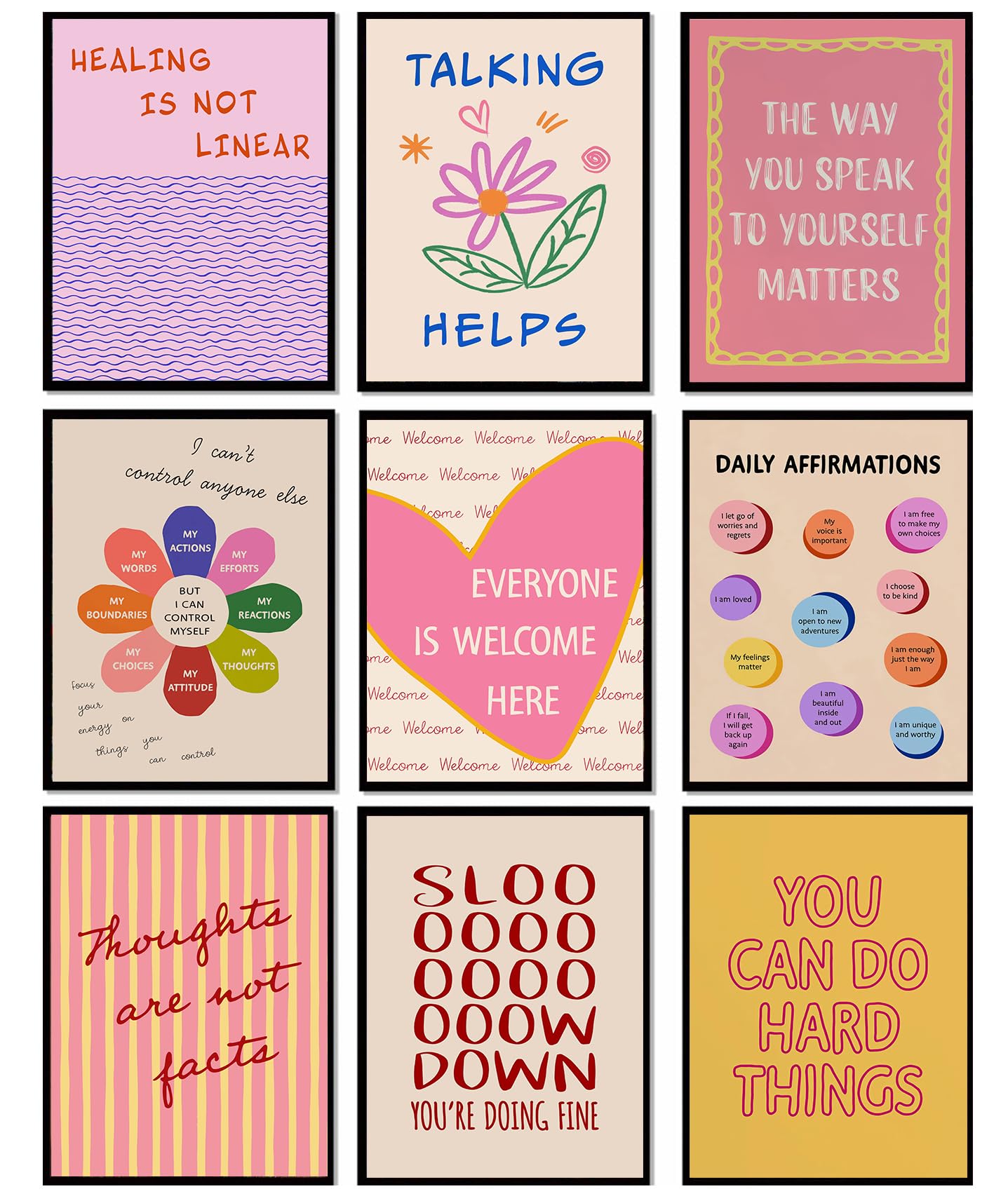 Loartve 9Pcs Mental Health Wall Art Prints Motivational Psychology Wall Decor Pictures Inspirational Quotes Colorful Therapy Off