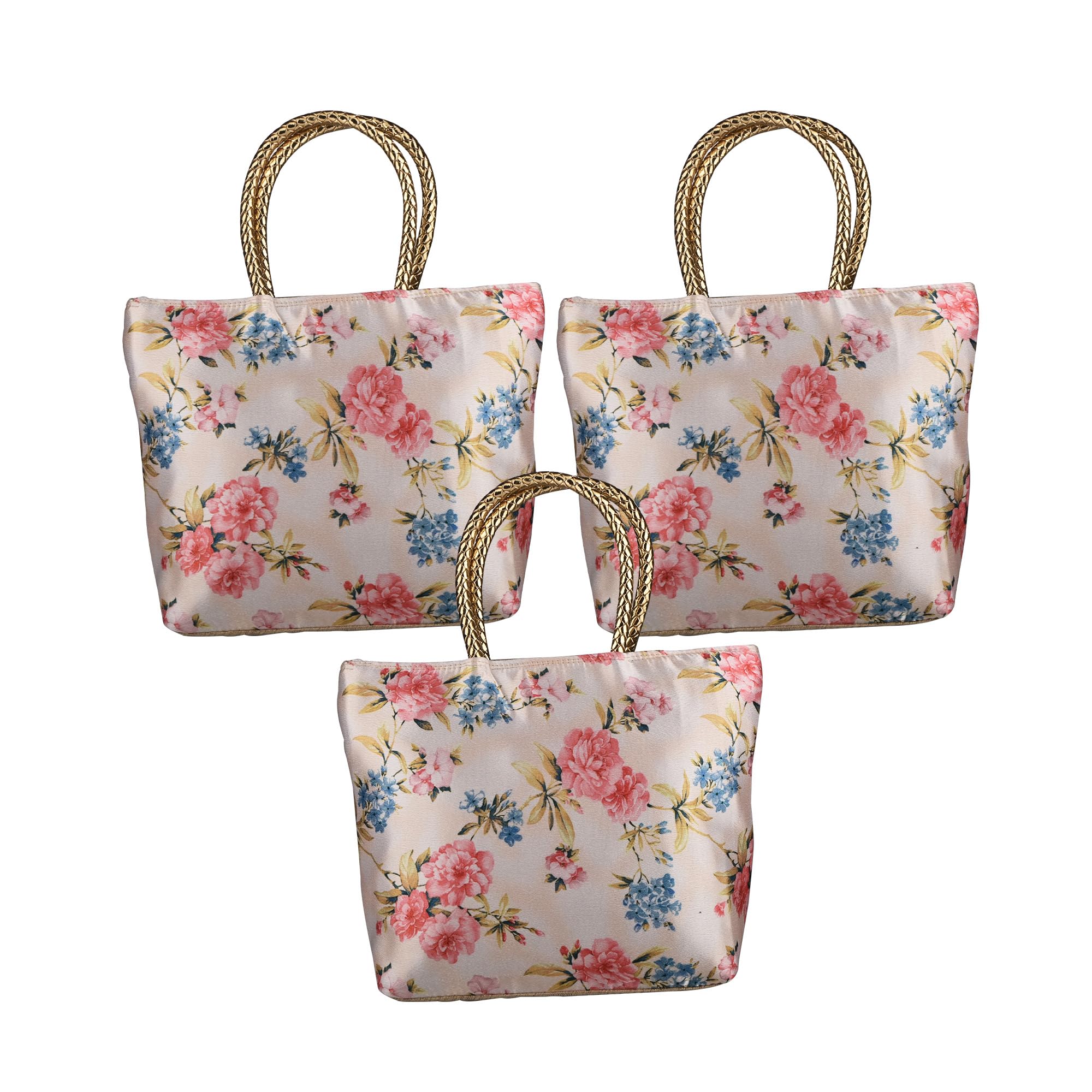 Kuber Industries 3 Pcs Silk Small Hand Bags For Women Stylish With Handle & 1 Outer Zip Pocket | Traditional Handheld Bags For W
