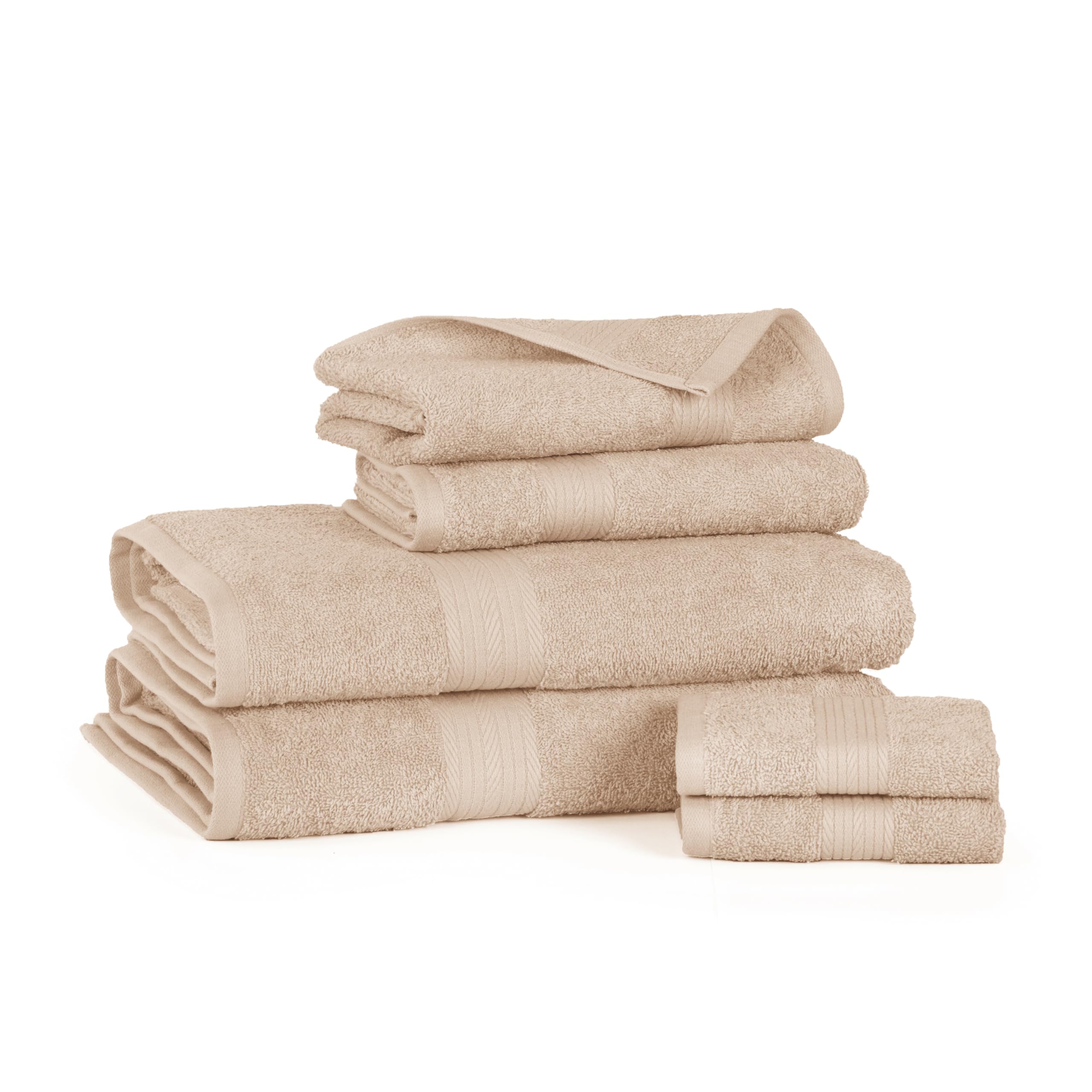 Ample Decor 100% Cotton 6 Piece Bathroom Towels Set, 2 Bath Towels, 2 Hand Towels, 2 Washcloths, Quick Drying - Beige Towel Sets