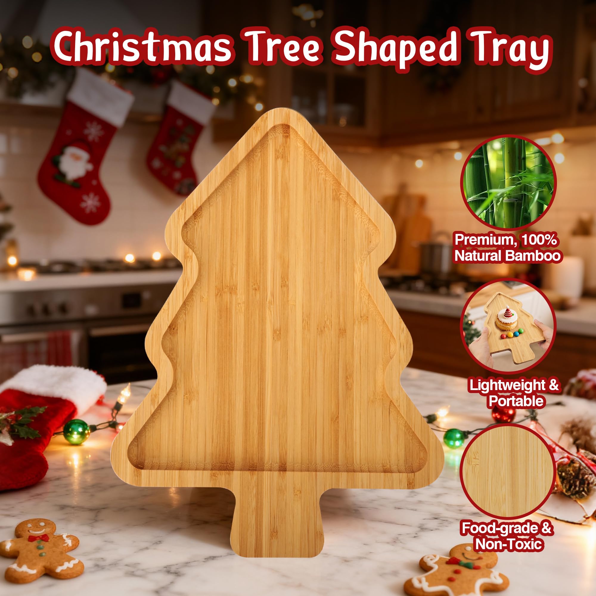 WILLKOMMEN Christmas Serving Tray, Bamboo Christmas Tree Serving Platter, Charcuterie Board Serving Dishes 11.8 x 8.7 for Party