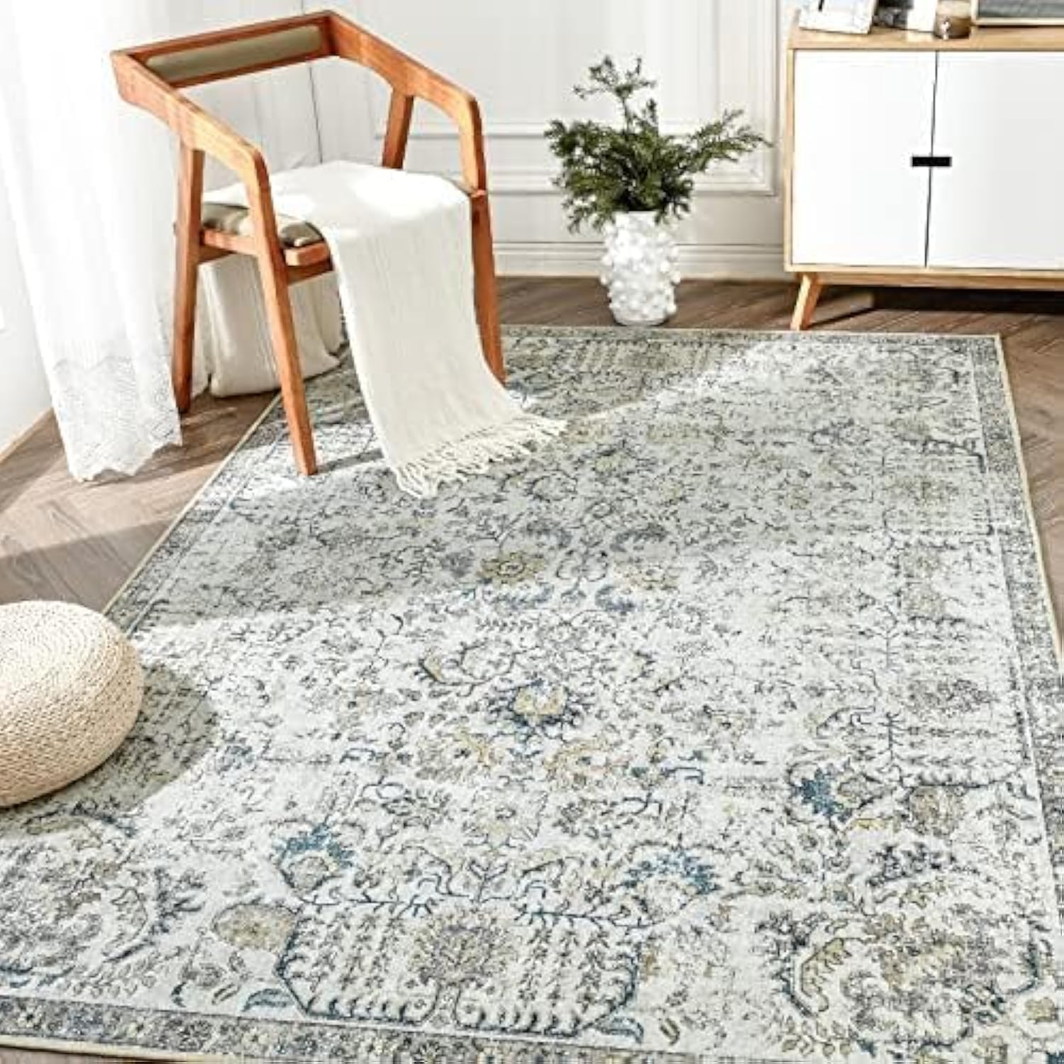 jinchan Area Rug 8x10 Washable Rug Vintage Rug Indoor Thin Rug Retro Accent Rug Distressed Carpet Blue Multi Floral Print Mat Co