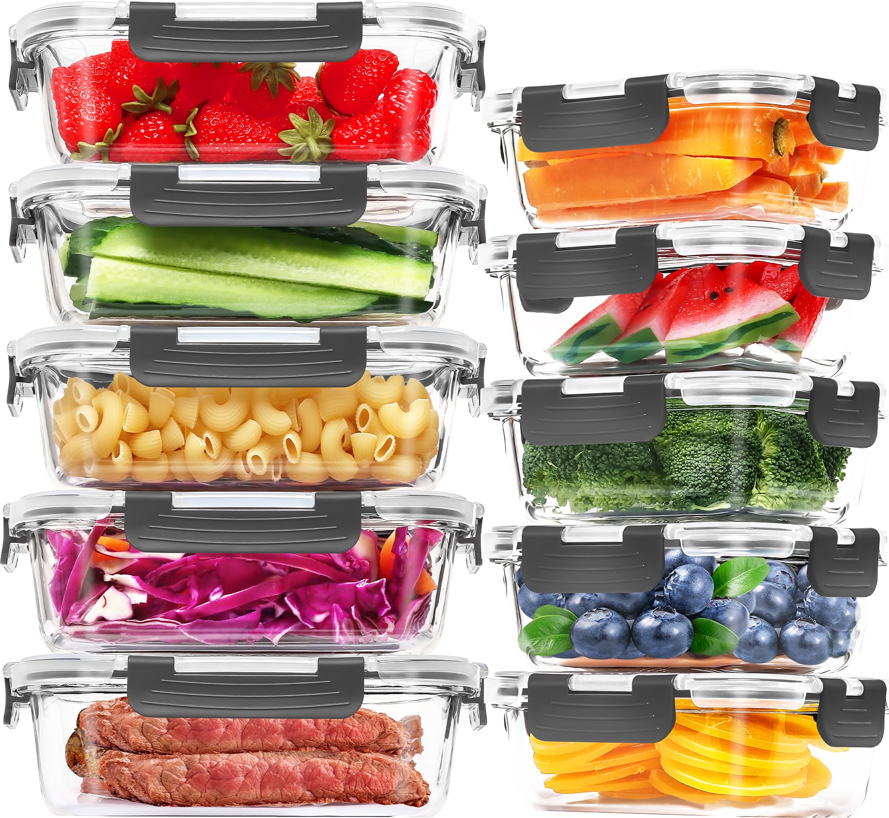 Skroam 10-Pack Glass Meal Prep Containers, Food Storage Containers with Snap Locking Lids, Airtight Bento Boxes for Microwave, O