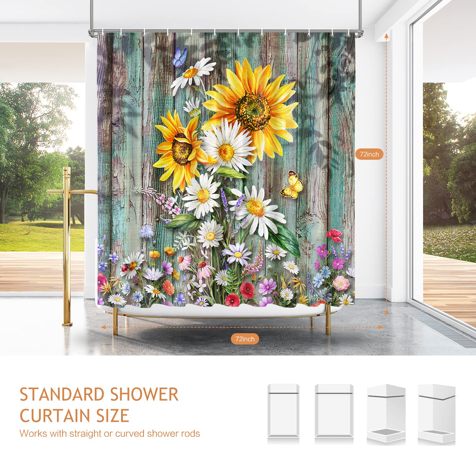 Vimorco Sunflower Shower Curtain, Butterfly Shower Curtains For Bathroom, Waterproof Quick-Dry Polyester Fabric Shower Curtain,
