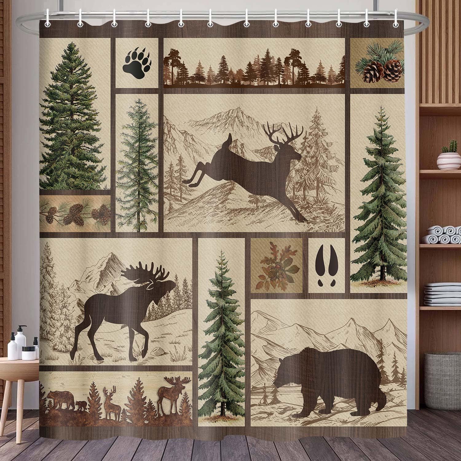 Rustic Cabin Shower Curtain For Bathroom, Forest Bear Deer Wildlife Country Bath Curtains, Hunting Camping Waterproof Fabric Bat