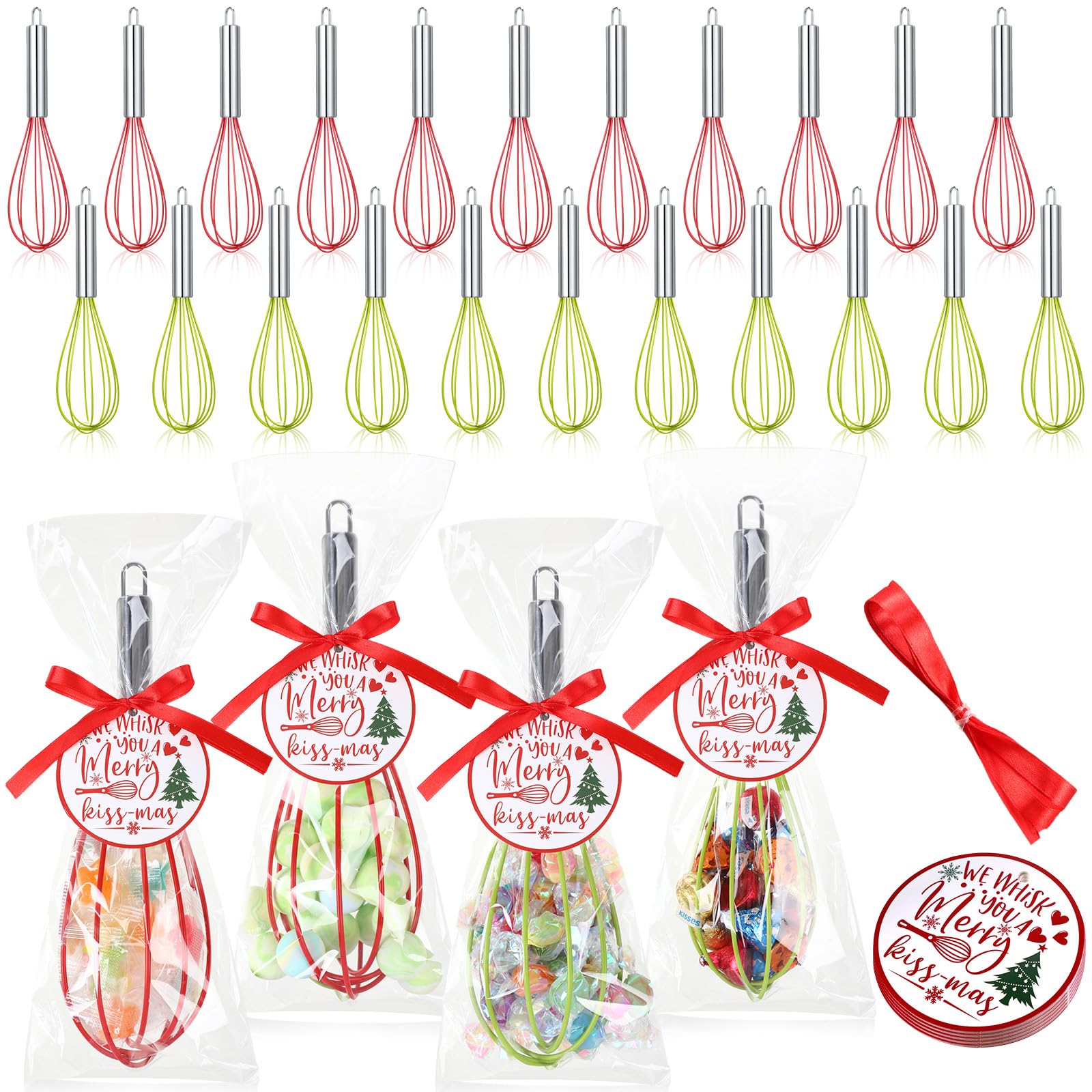 FoldTier 36 Sets 8 Inch Christmas Whisks Gifts DIY Fillable Christmas Tree Ornaments Xmas Colored Silicone Whisks for Cooking He