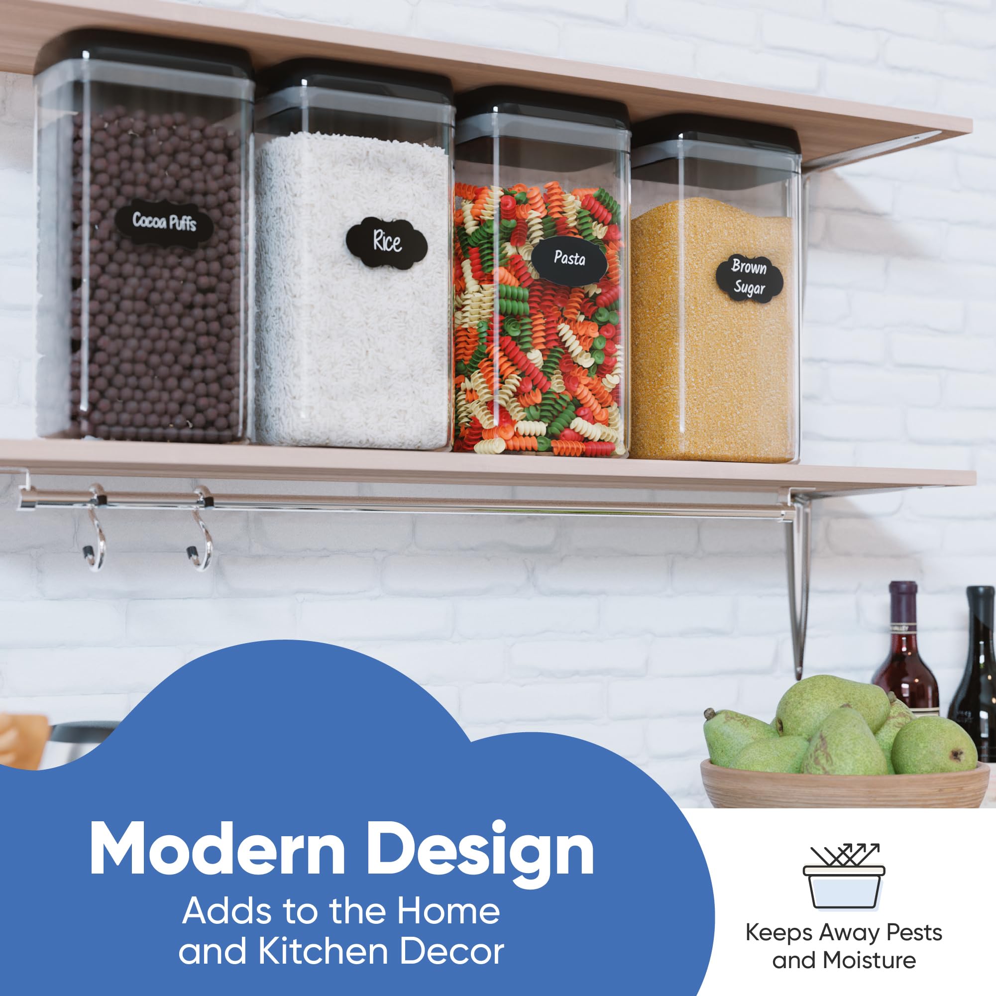 Chefs Path Airtight Food Storage Boxes with Labels - Kitchen Storage - Flour, Cereal, Pasta - Plastic Storage Boxes with Lids (