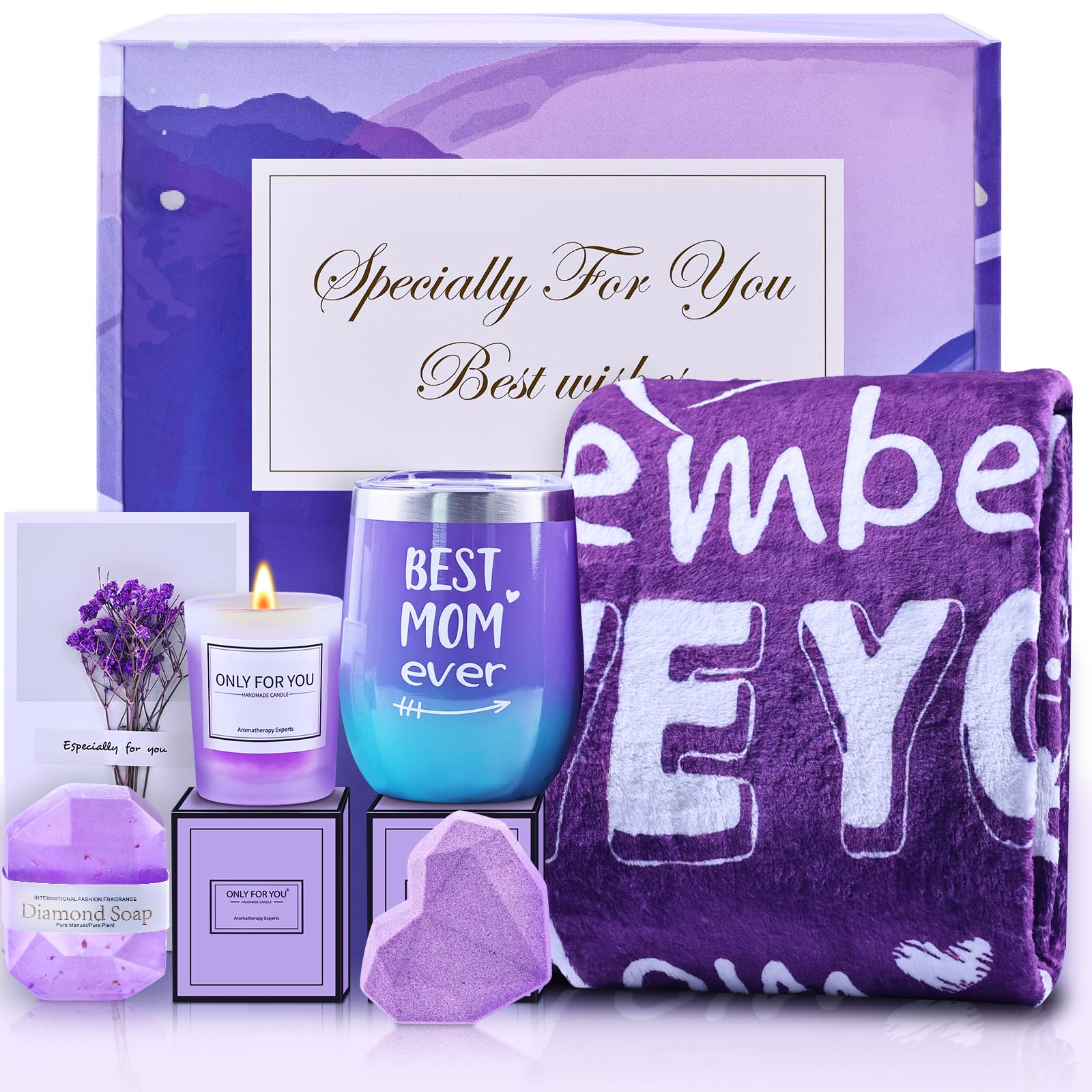 Birthday Gifts for Mom, Gifts Basket for Mom from Daughter Son,Mothers Day Relaxing Spa Set with Luxury Flannel Purple Blanket,S